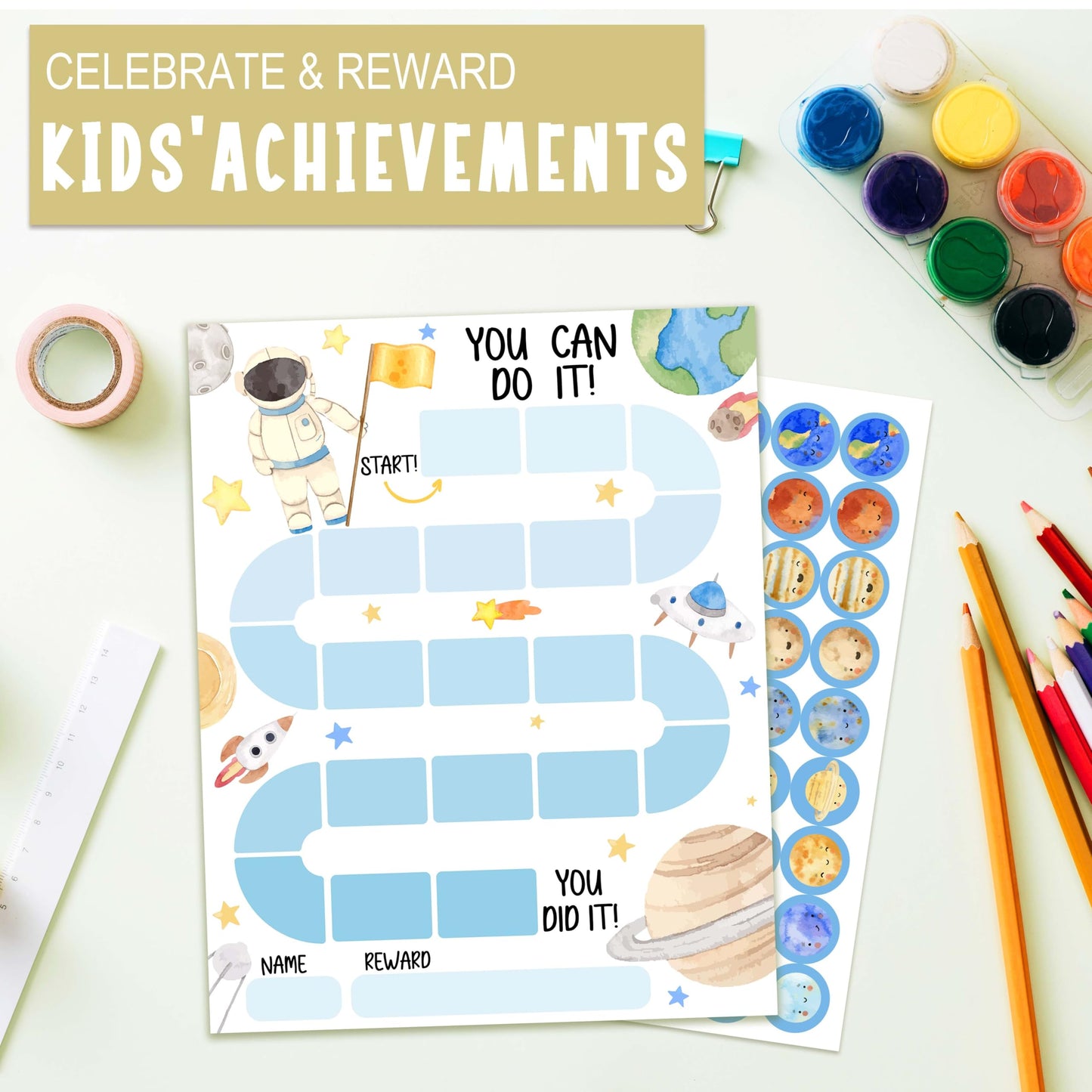 10 Outer Space Astronaut Reward Chart with 216 Round Stickers, Incentive Behavior Chart for Kids at Home Classroom, Kids Routine Daily Chore Sticker Chart-A17