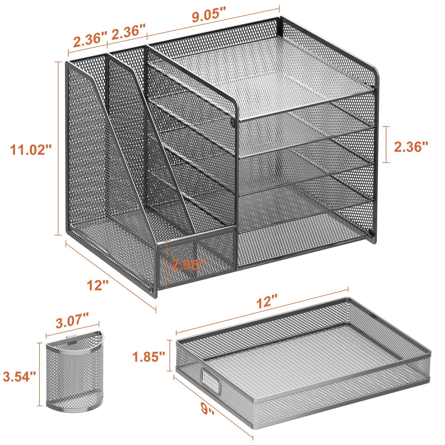 Marbrasse 5-Tier Paper Letter Tray Organizer with Drawer and Pen Holder, Mesh Desktop Organizer and Storage with Magazine Holder for Office Supplies (Grey)