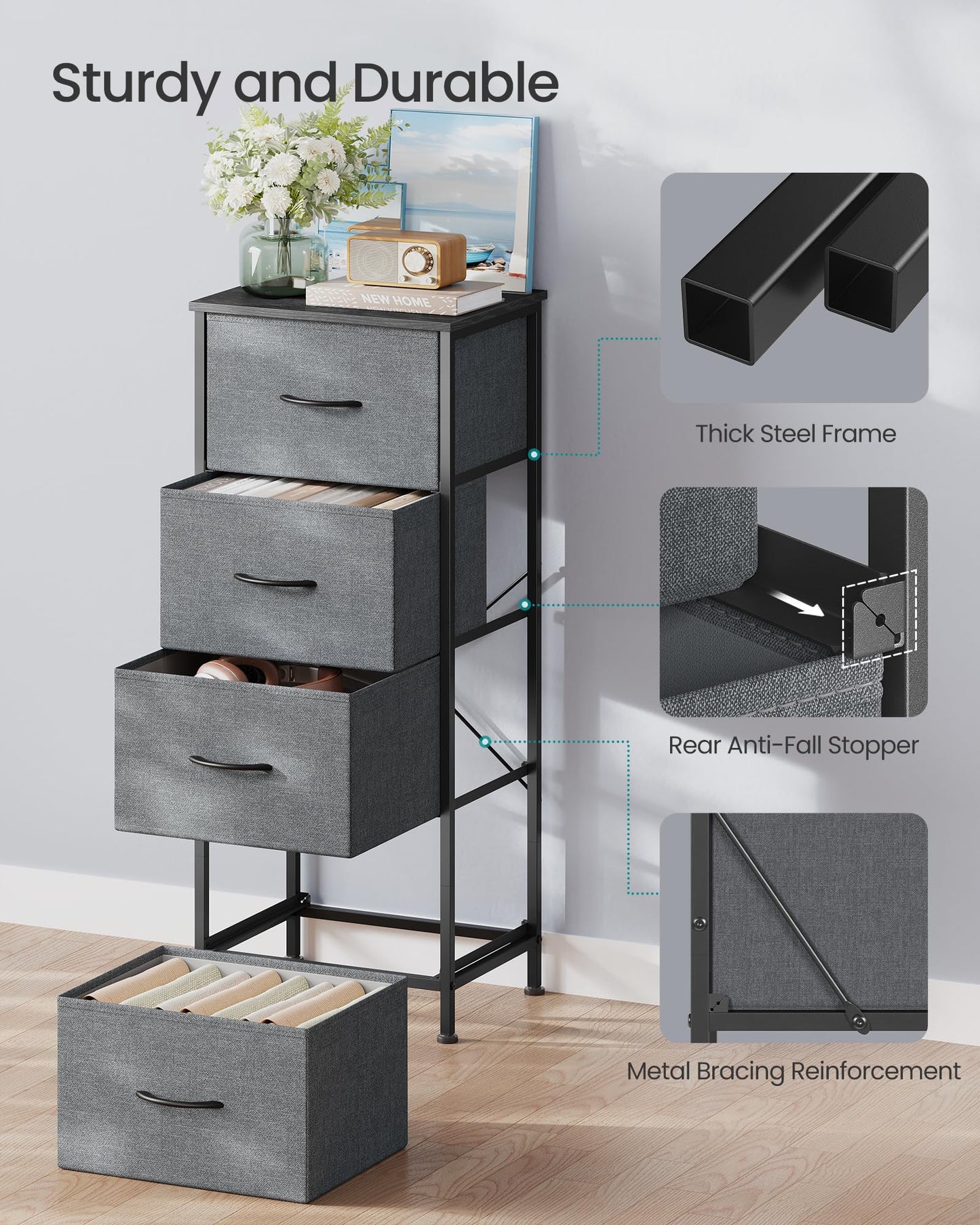 SONGMICS BELLAH Collection - Dresser for Bedroom, Chest of Drawers, Storage Organizer Unit, Closet, Entryway, Steel, 4 Drawers, Modern, Slate Gray ULGS314GN02S