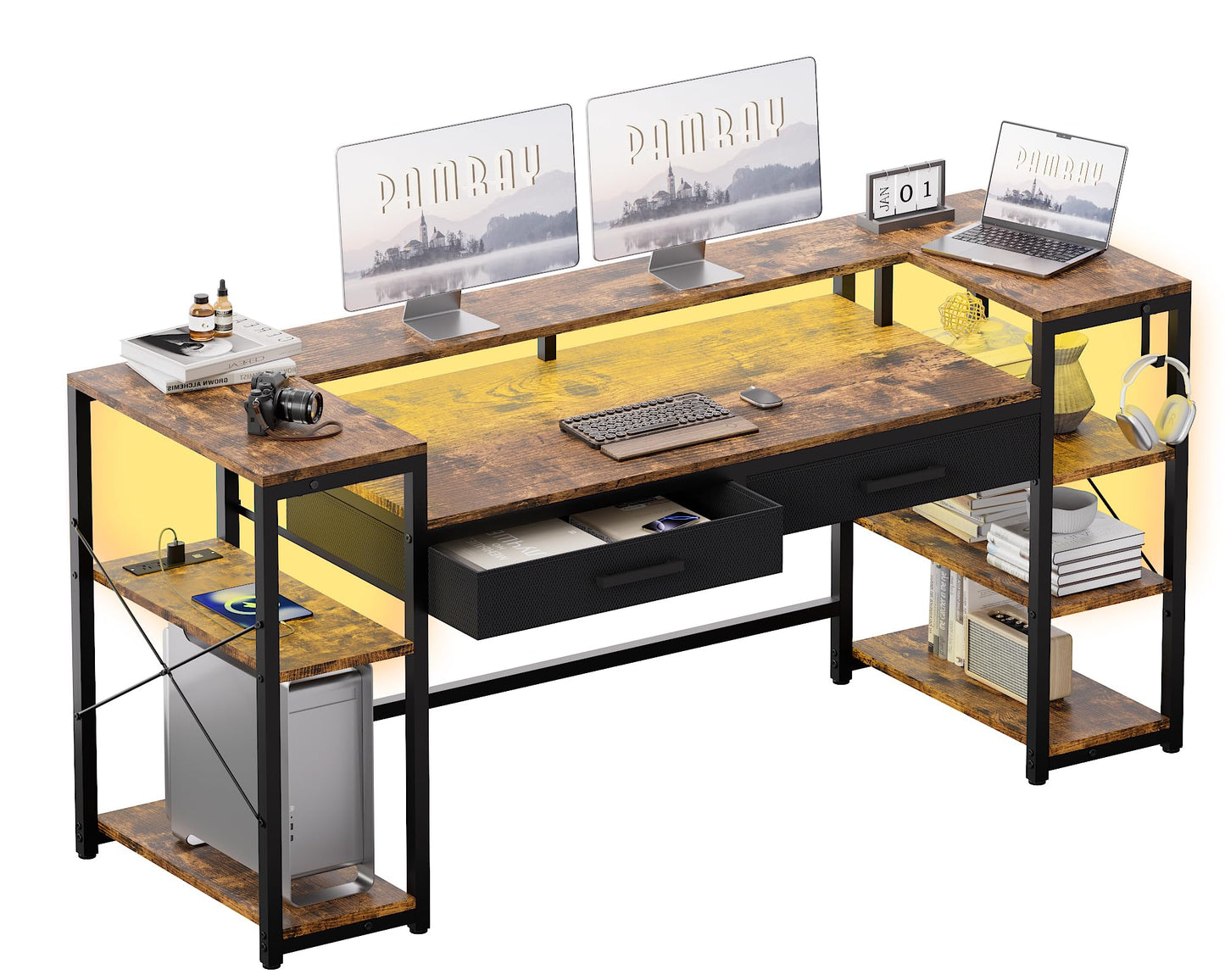 Pamray 58 Inch Computer Desk with Monitor Stand and Shelves Gaming Desk with LED Lights & Power Outlets PC Vanity Table with 2 Drawers for Home Office Vintage