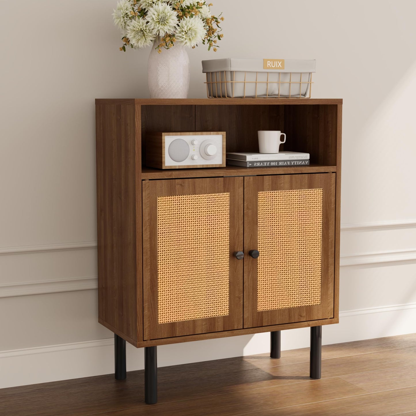 DongRong Rattan Storage Cabinet, Boho Accent Cabinet with Double Doors, Small Freestanding Sideboard for Hallway, Laundry Room,Kitchen, Dining Room, Entryway (Walnut)
