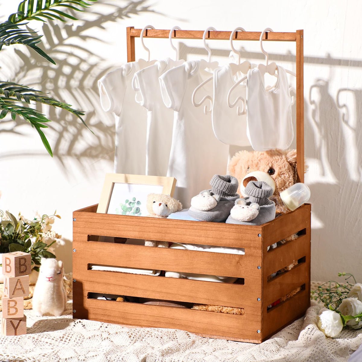 Suzile Wooden Baby Shower Crate Closet Wood Basket for Gifts with Handle Boy Girl Clothes Gender Reveal Storage Box for Newborn New Parent(Claybank)