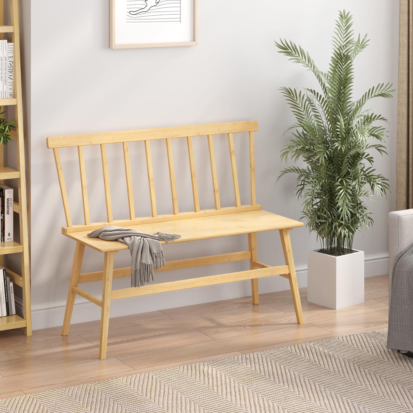 Wisuce Essentials Bamboo Dining Bench, Entryway Bench with Spindle Back Farmhouse Wood Windsor for Foyer Balcony Living Room (Nature)