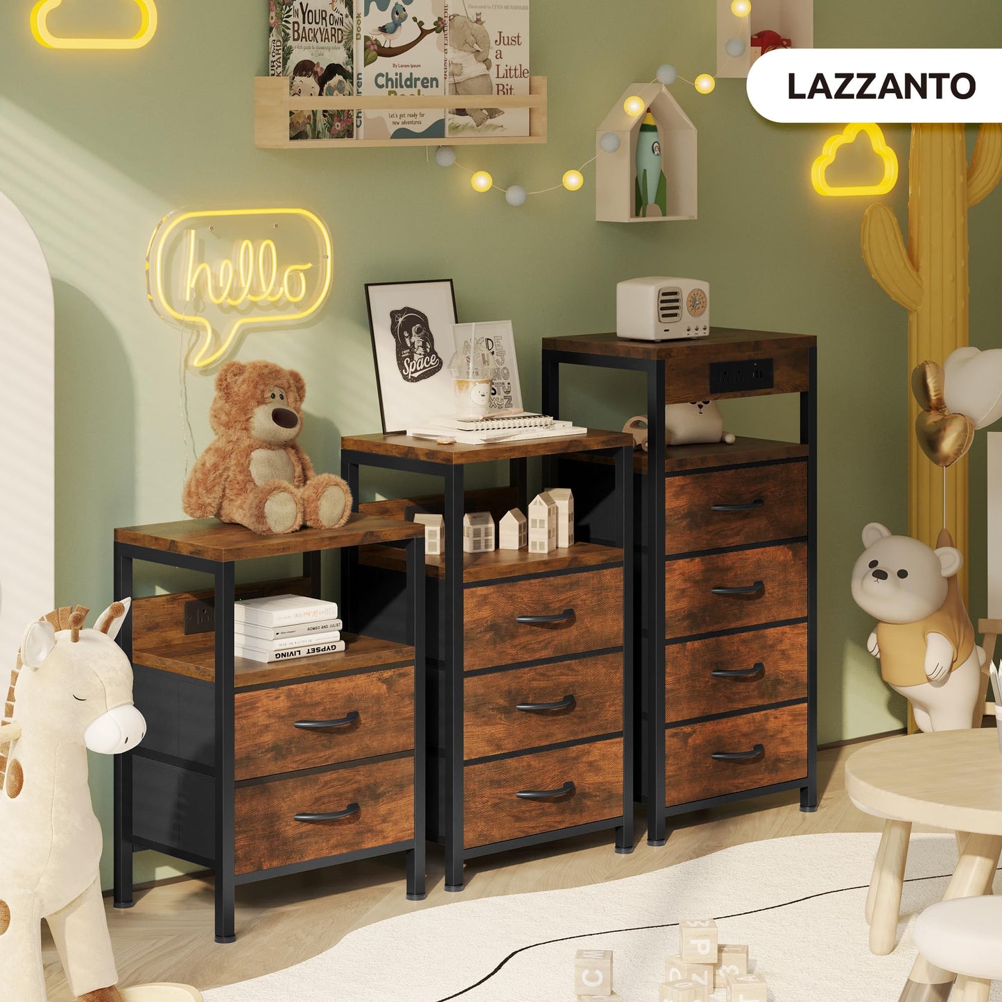 Lazzanto NightStand Bedside Charging Table Bedroom - Brown Night Stand with Charger Station, Modern Bed Side End Table with Open Shelf & 2 Fabric Drawers, USB-C Port for Dorm, Living Room