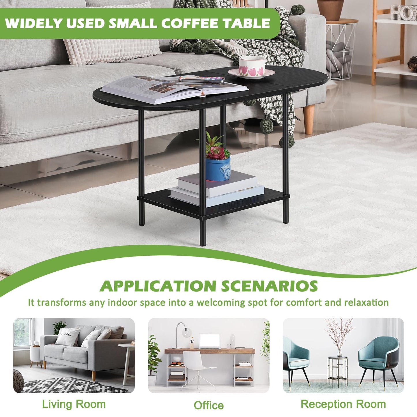ETELI Black Coffee Tables for Living Room 2-Tier Small Oval Coffee Table Wood Accent Coffe Tables with Storage Shelf Modern Mesa De Centro Sala for Small Space, Home Office