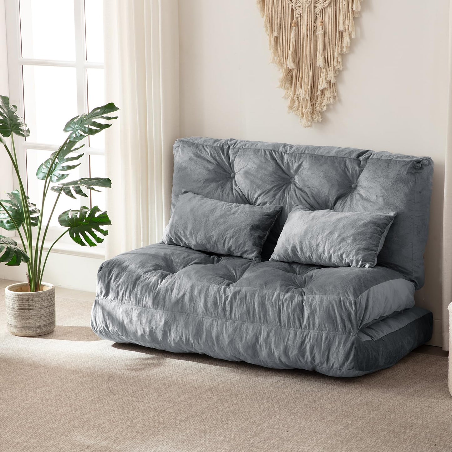 Folding Sofa Bed, Convertible Sleeper Chair with Pillow Foldable Mattress with Back Support, Portable Fold Out Chair Bed Comfy Floor Sofa Lounge for Living Room Bedroom, Dark Gray Full 80x54 Inch