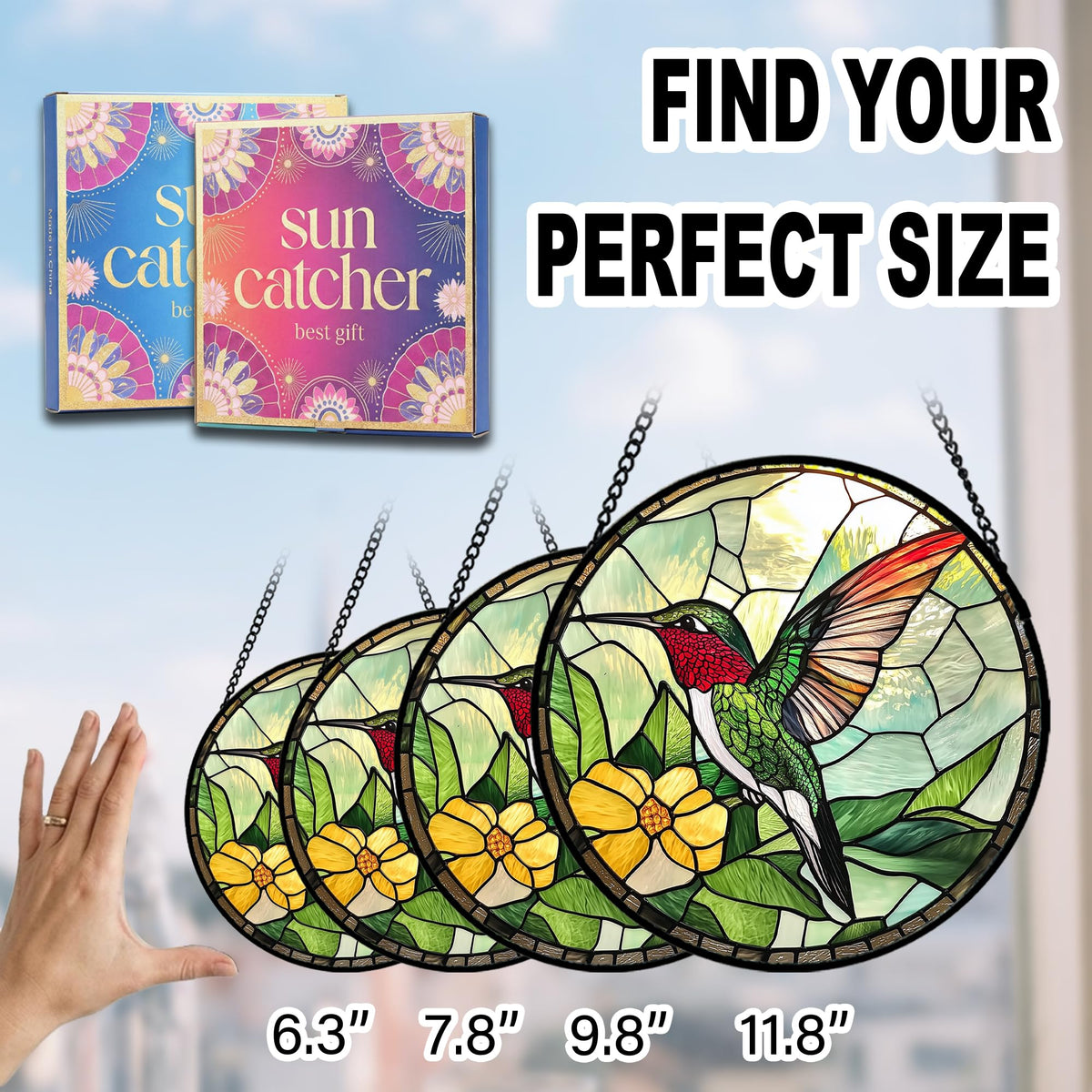 Hummingbird Gifts for Mom - Green Bird Faux Stained Glass Window Hanging Sun Catcher for Door Garden Acrylic Decor Mother's Day Birthday for Bird Lover Women Nana Men Grandma 7.8"