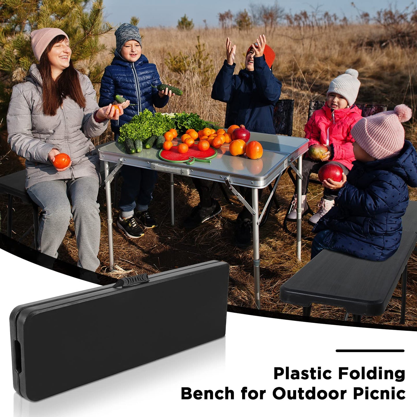 Roowest Black Folding Bench 6 Feet Plastic Outdoor Portable Foldable Bench Seat Eating with Carrying Handle for Dining Camping Picnic BBQ Sports Garden Indoor Outdoor Patio Activities