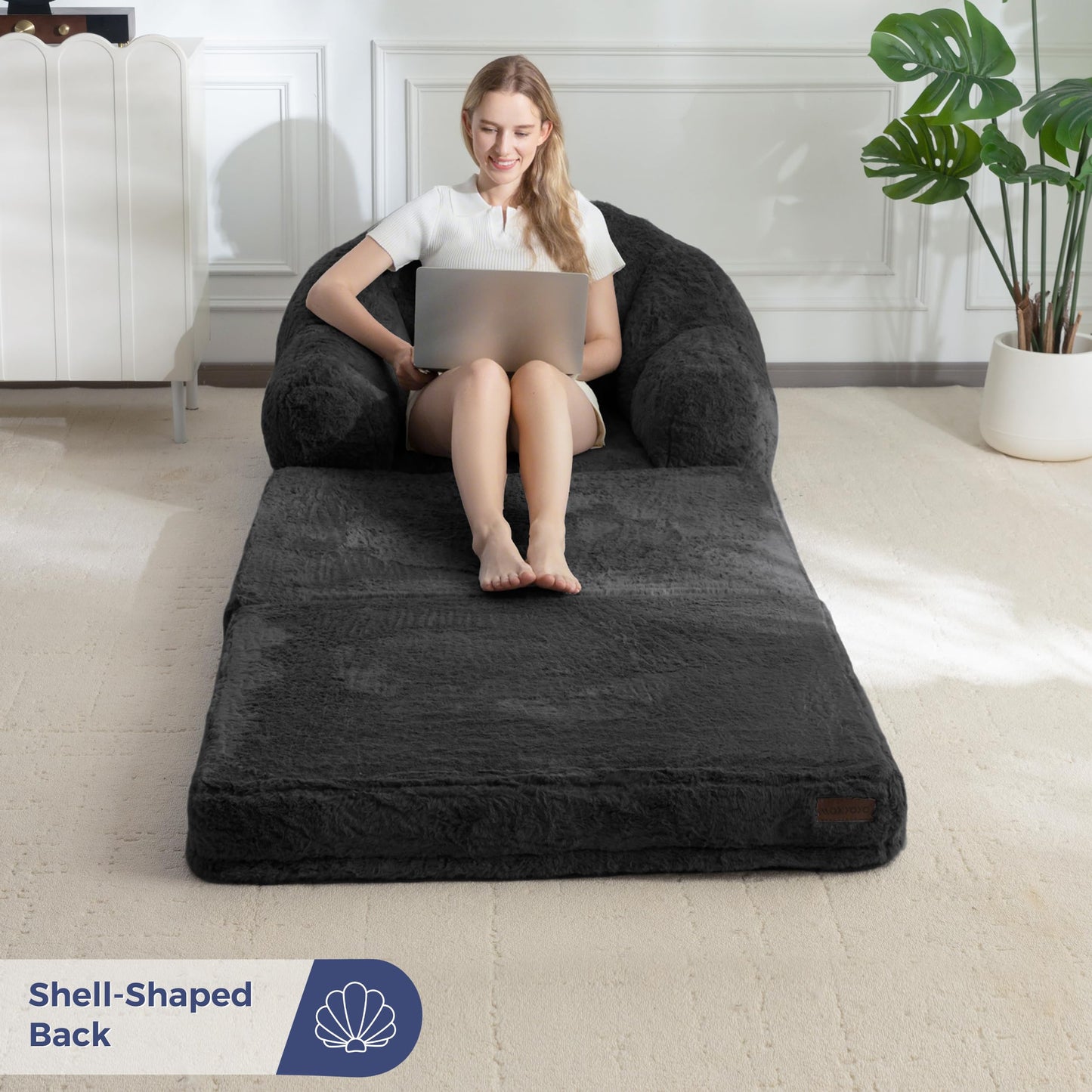 MAXYOYO Folding Sofa Bed, 2 in 1 Convertible Sofa to Lounger Comfy Single Bean Bag Chair for Adults, Floor Couch with Handle, Faux Fur Couch Bed for Living Room Bedroom, Black