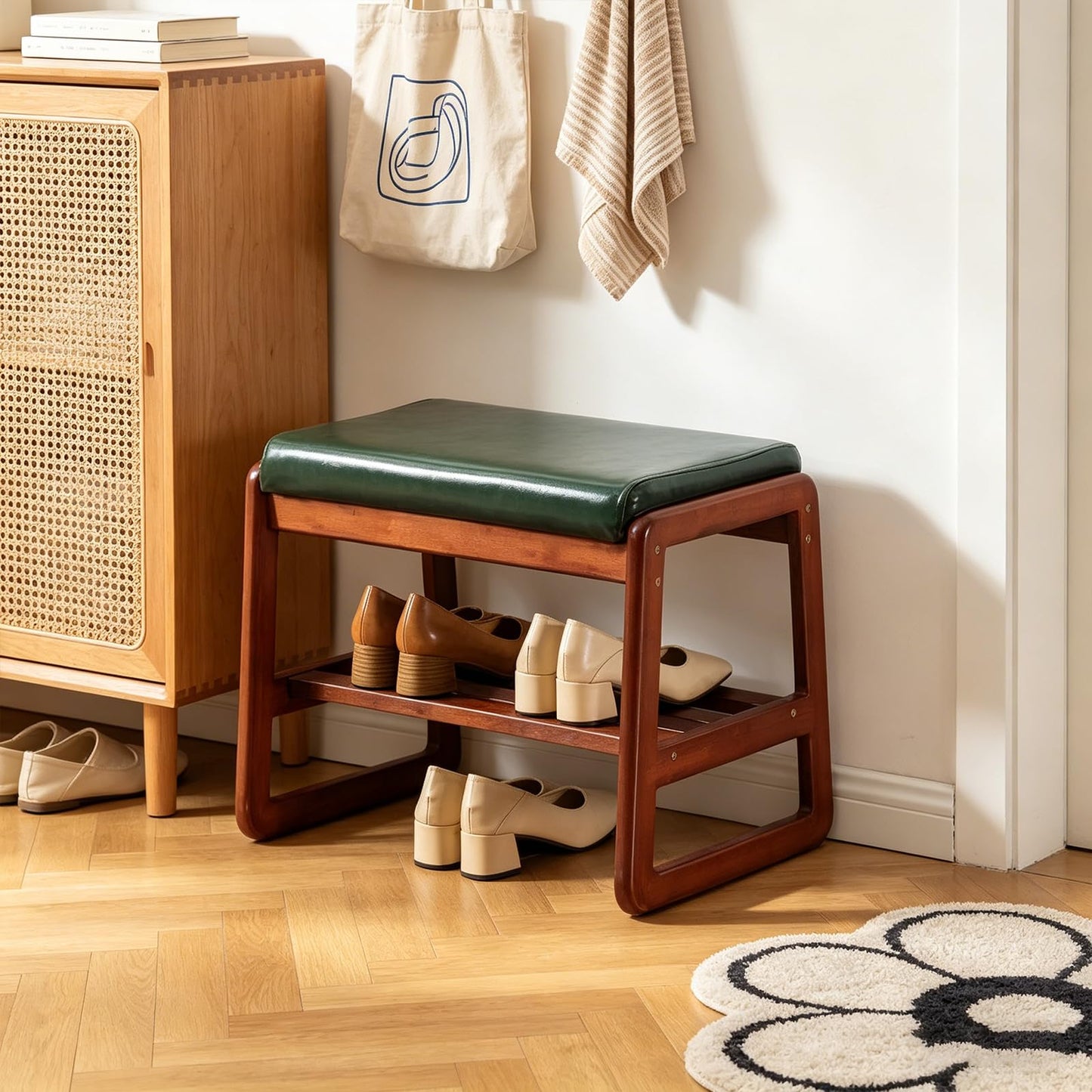 SOBIBO Solid Wood Shoe Bench, 2-Tier Wooden Entryway Bench, Modern Shoe Rack with Faux Leather Cushion for Hallway, Living Room (Green, 21.65'')
