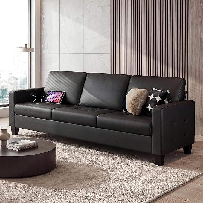 STHOUYN Black Faux Leather 3 Seater Sofa and Accent Chair, Modern Comfy Office