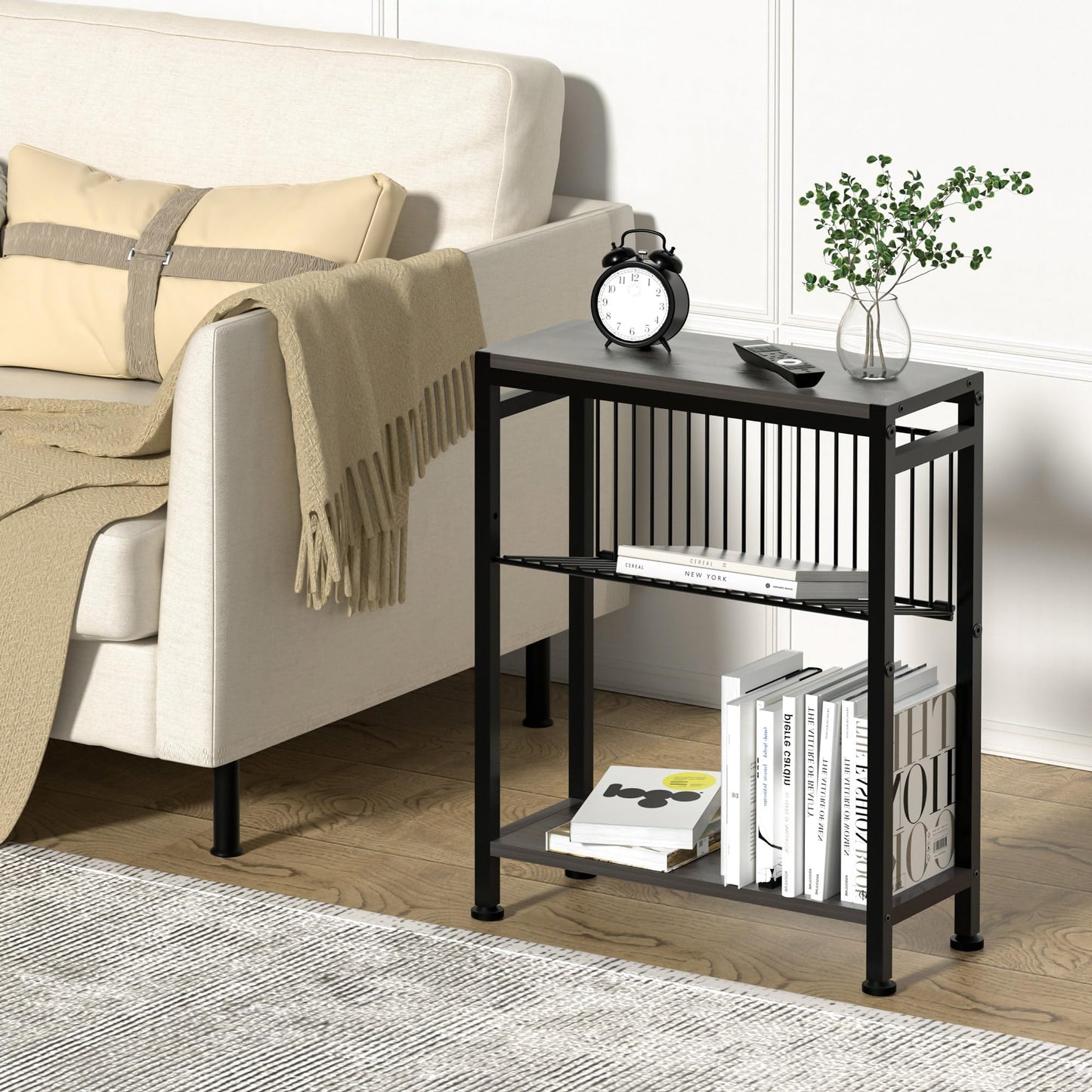 Lifenite Side Table for Small Spaces, Narrow End Table with Magazine Holder, 2 in 1 Design Slim Side Table, Skinny Nightstand for Living Room Bedroom, Thin Side Magazine Table, Grey