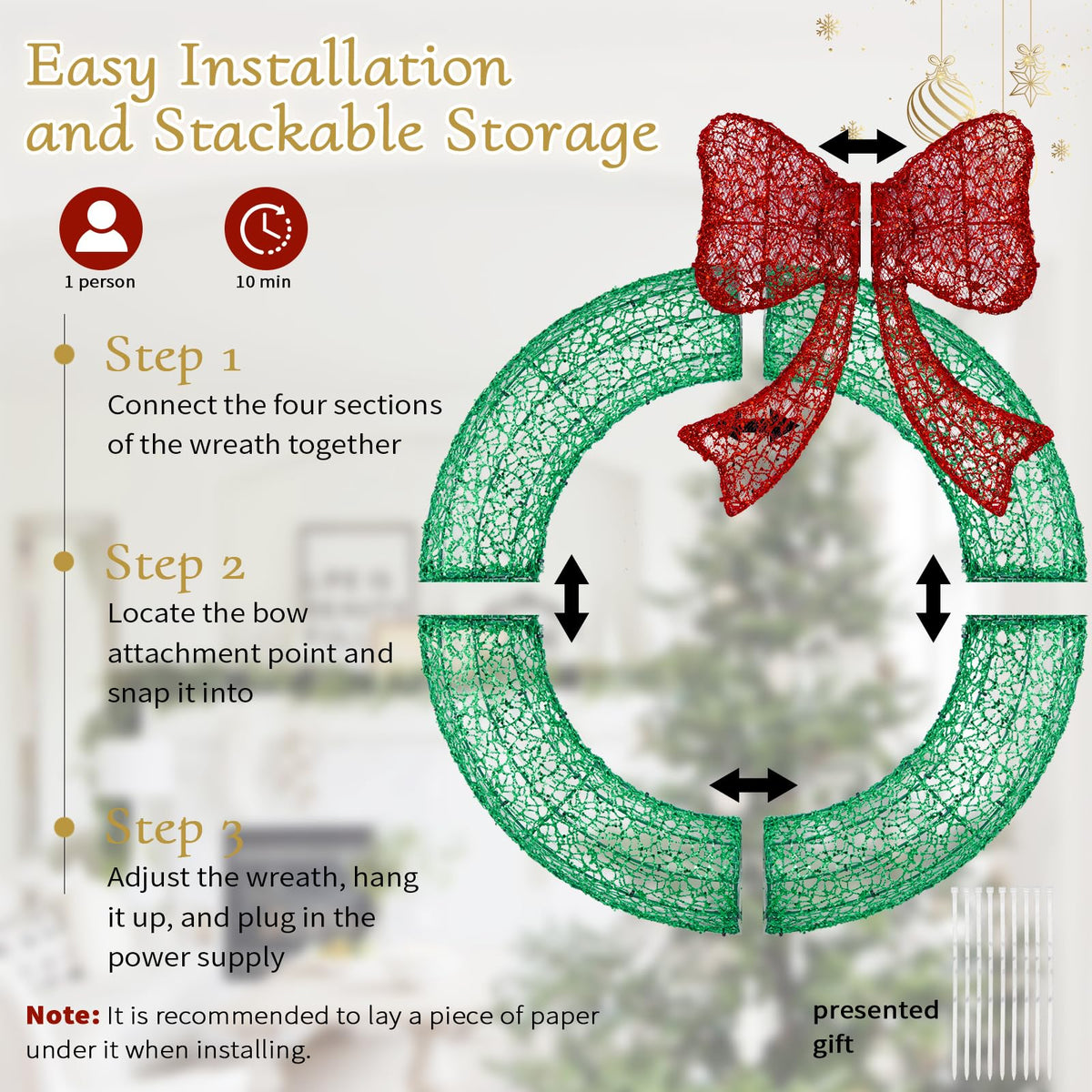 24" Pre-Lit Outdoor Christmas Wreath with 140 LED Lights and Bow, Lighted Metal Christmas Wreath Decoration with Timer Function for Xmas Home Wall Front Door Window Garage (White/Red, 24in)