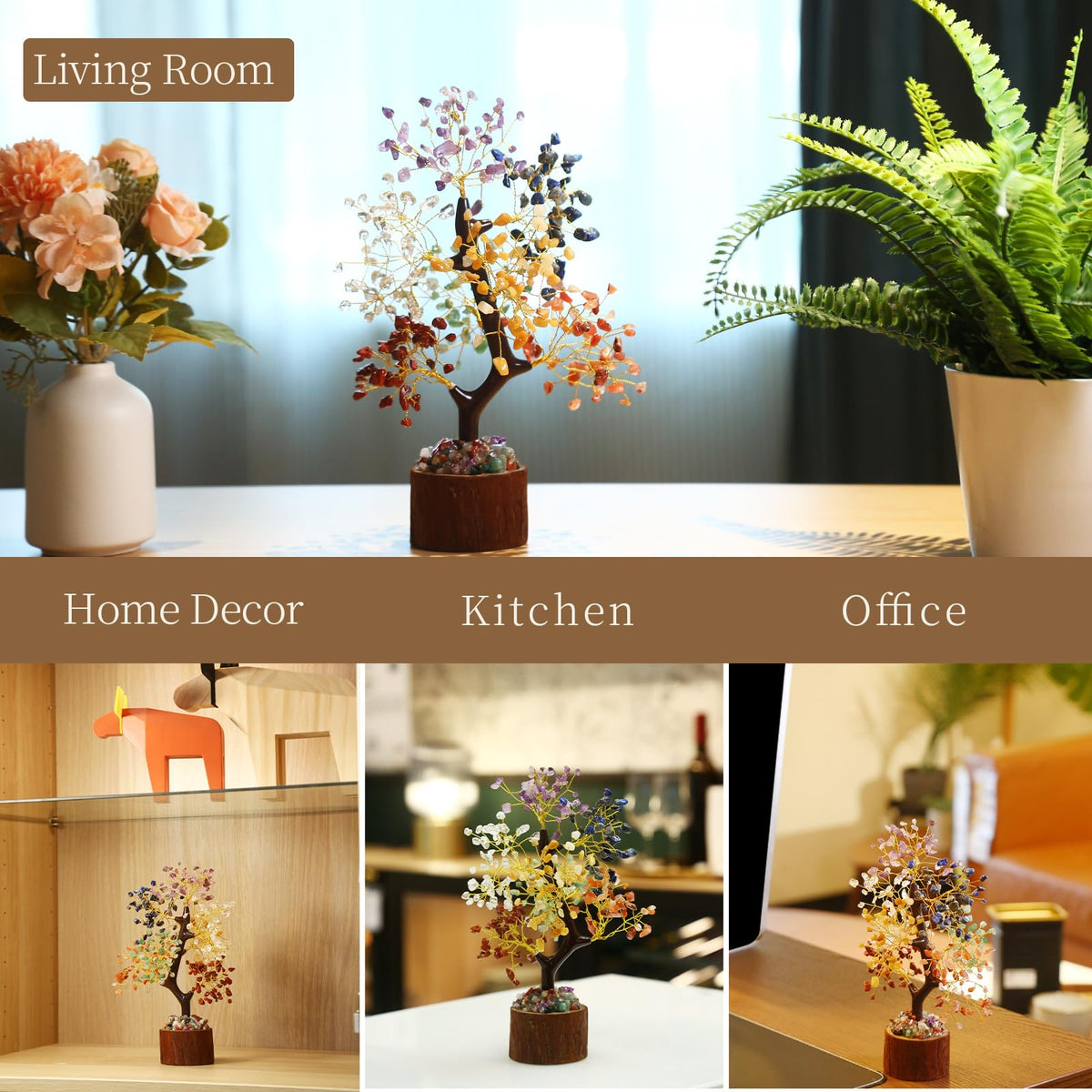 Crystal Tree of Life with Chakra Stones - Healing Crystals Decor for Desk & Home, Housewarming Gifts for New Home, Unique Birthday Gifts for Women, Sisters, Friends (7 Chakra Tree Wooden Base)