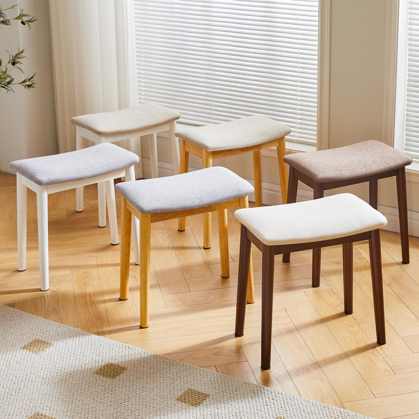 IBUYKE Saddle Cushion Vanity Stool Chair, Foot Rest Stool with Solid Wood Legs, Modern Vanity Bench Ottoman for Piano, Upholstered Seat for Bedroom, Entryway, Wooden Legs&Light Linen WBD007NY