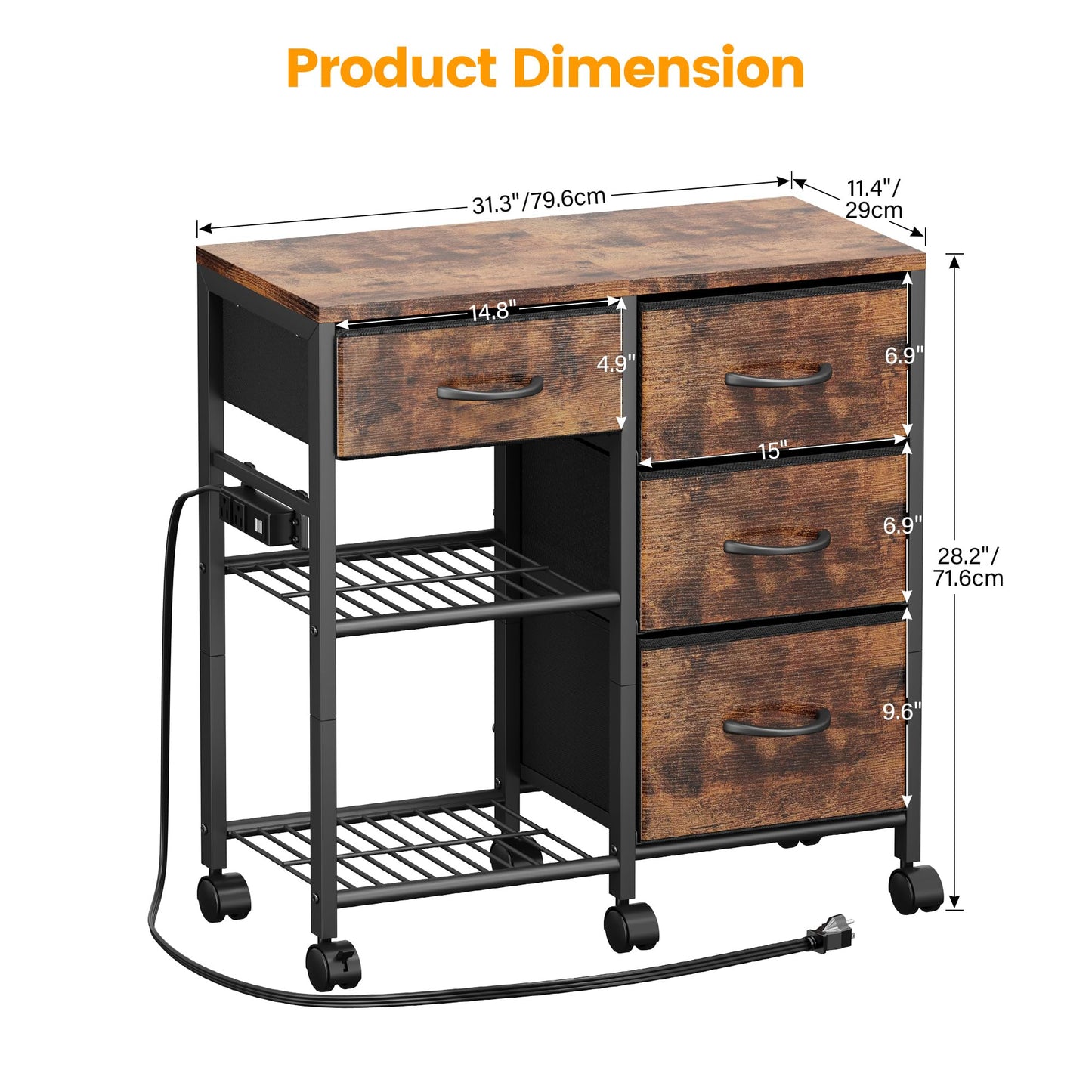 4 Drawer File Cabinet with Charging Station, Rolling Printer Stand Table with Open Storage Shelf, Mobile Fabric Filing Cabinet for Home Office, Rustic Brown