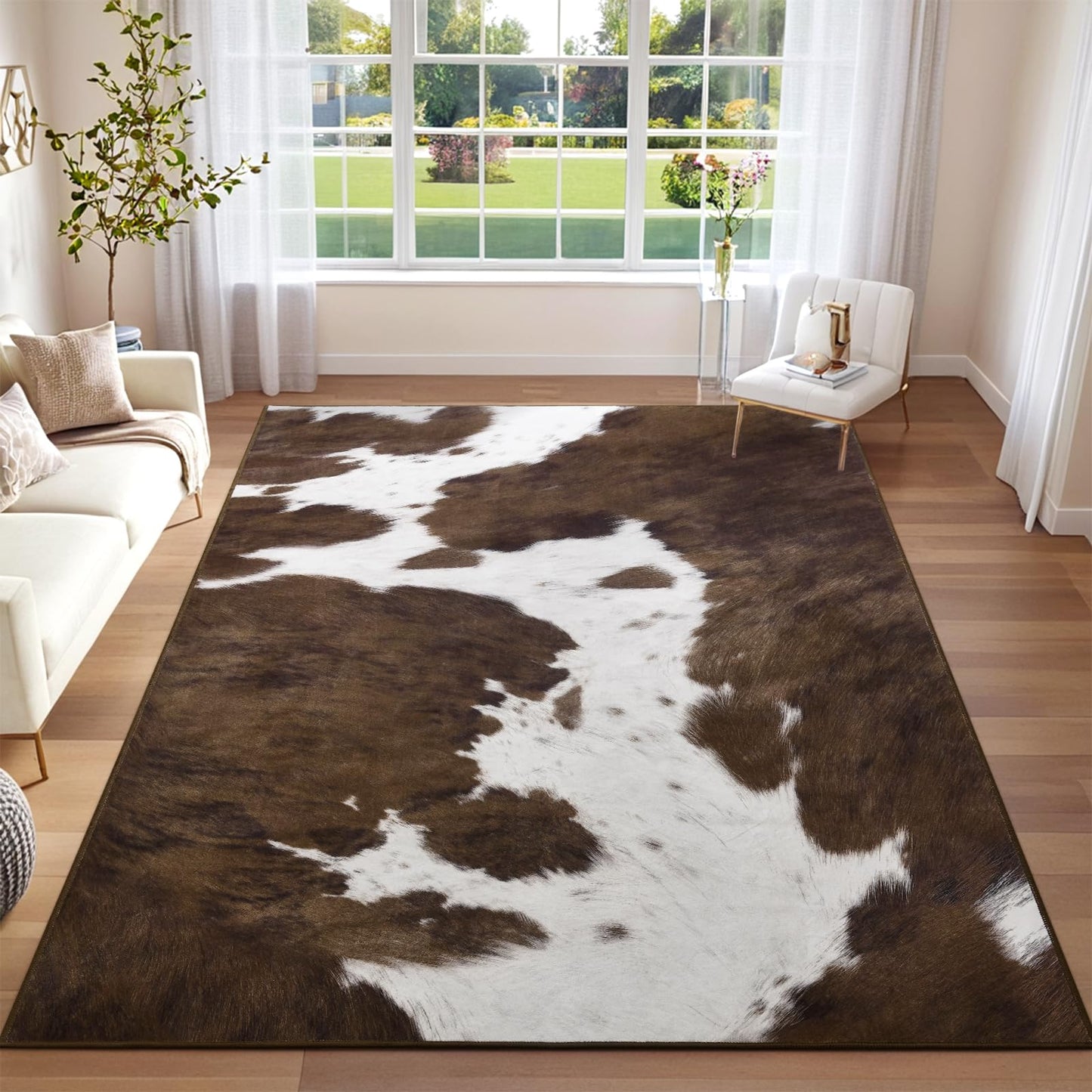 DweIke Cow Print Rug 5x7 – Brown Faux Cowhide Rugs, Washable Soft Non-Slip Stain Resistant Animal Cow Hide Carpet for Living Room Bedroom Dining Room Office, Western Home Decor