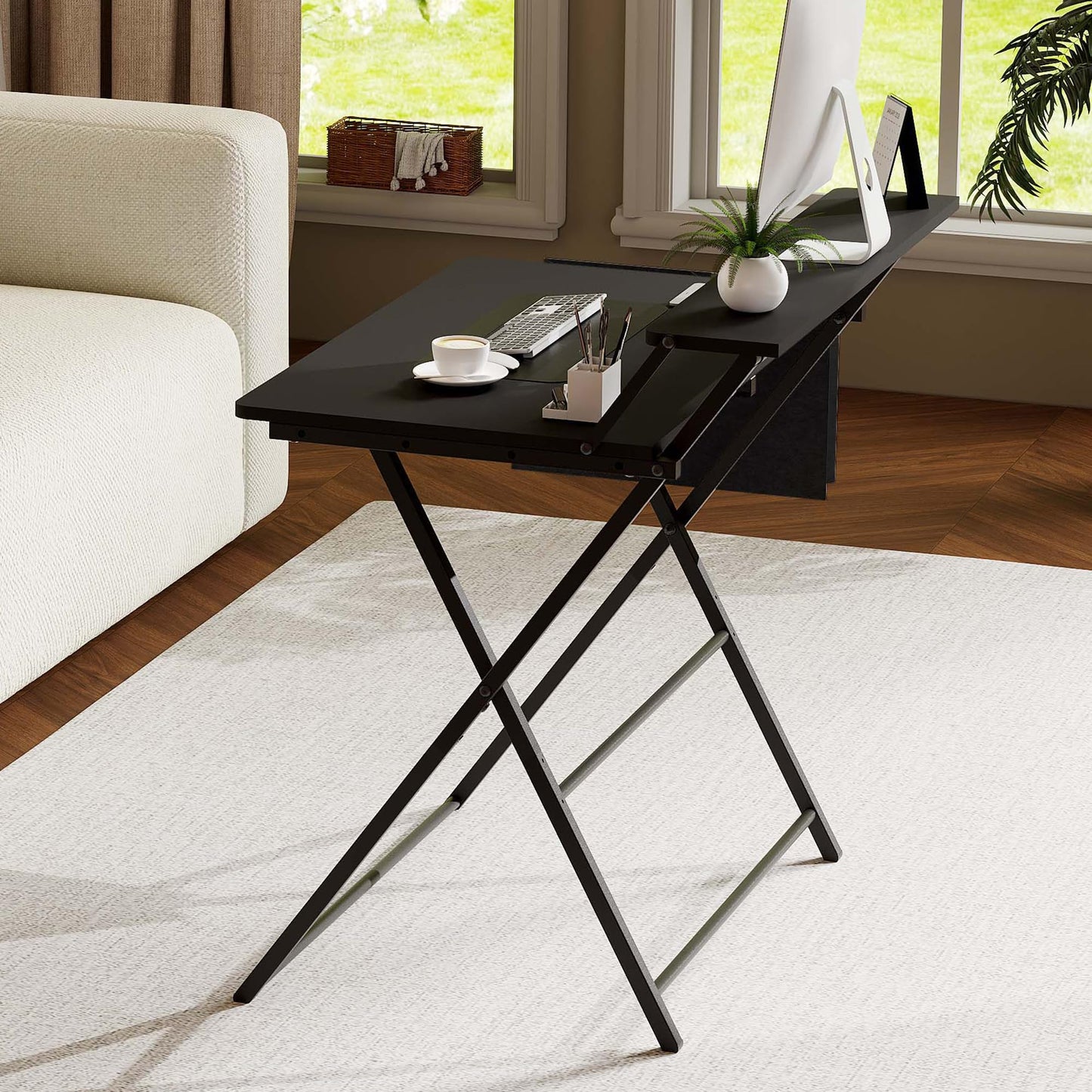 Small Desk No Assembly,31.5Inch 2-Tier Compact Computer Desk with Shelf & Side Pocket,Space Saving Foldable Table for Home Office, Bedroom or Apartment,Portable Collapsible Sturdy Laptop Desk,Black