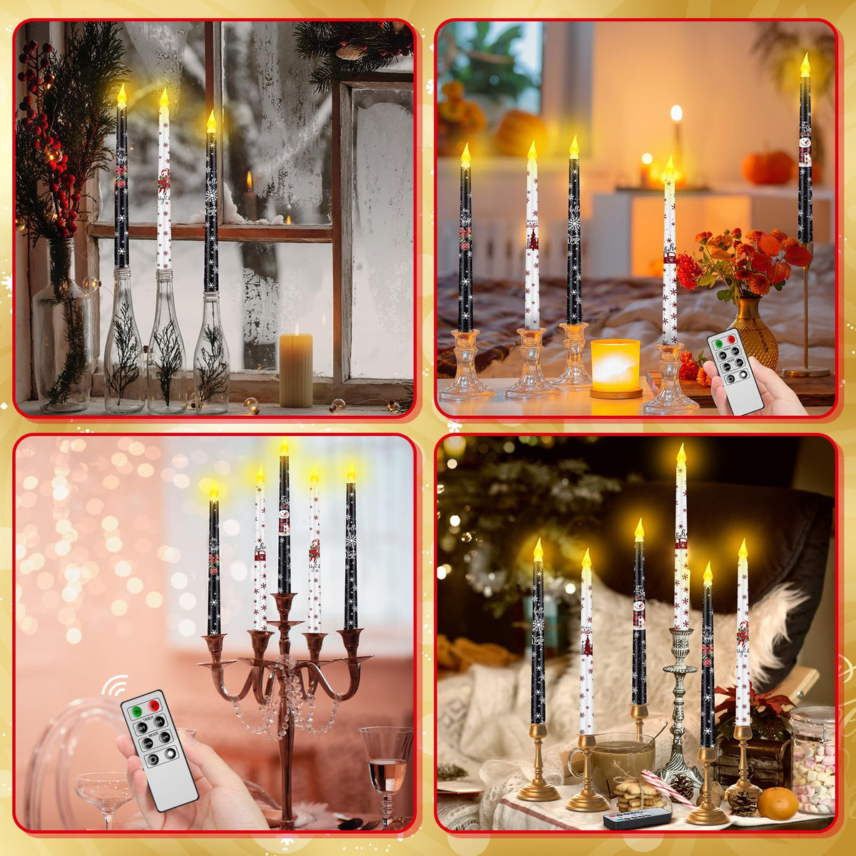 Aurelema 6 Pcs Winter Flameless Candle Set Snowflake LED Flameless Taper Candles with Remote Timer Black and White Celebration Candles with Battery Operated for Christmas Winter Gifts Home Decor