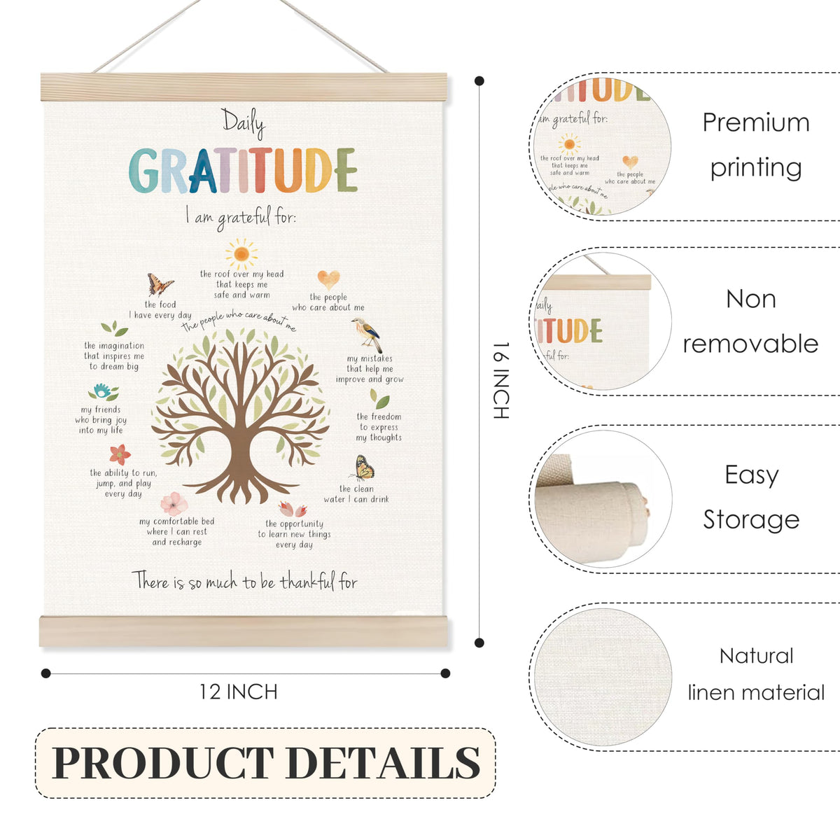 Koesus Daily Gratitude Mental Health Wall Art Poster Hanger Frame 12x16 Inch, Growth Mindset Positive Canvas Pictures Prints Framed Wall Decor for Classroom Therapy School Counselor Office