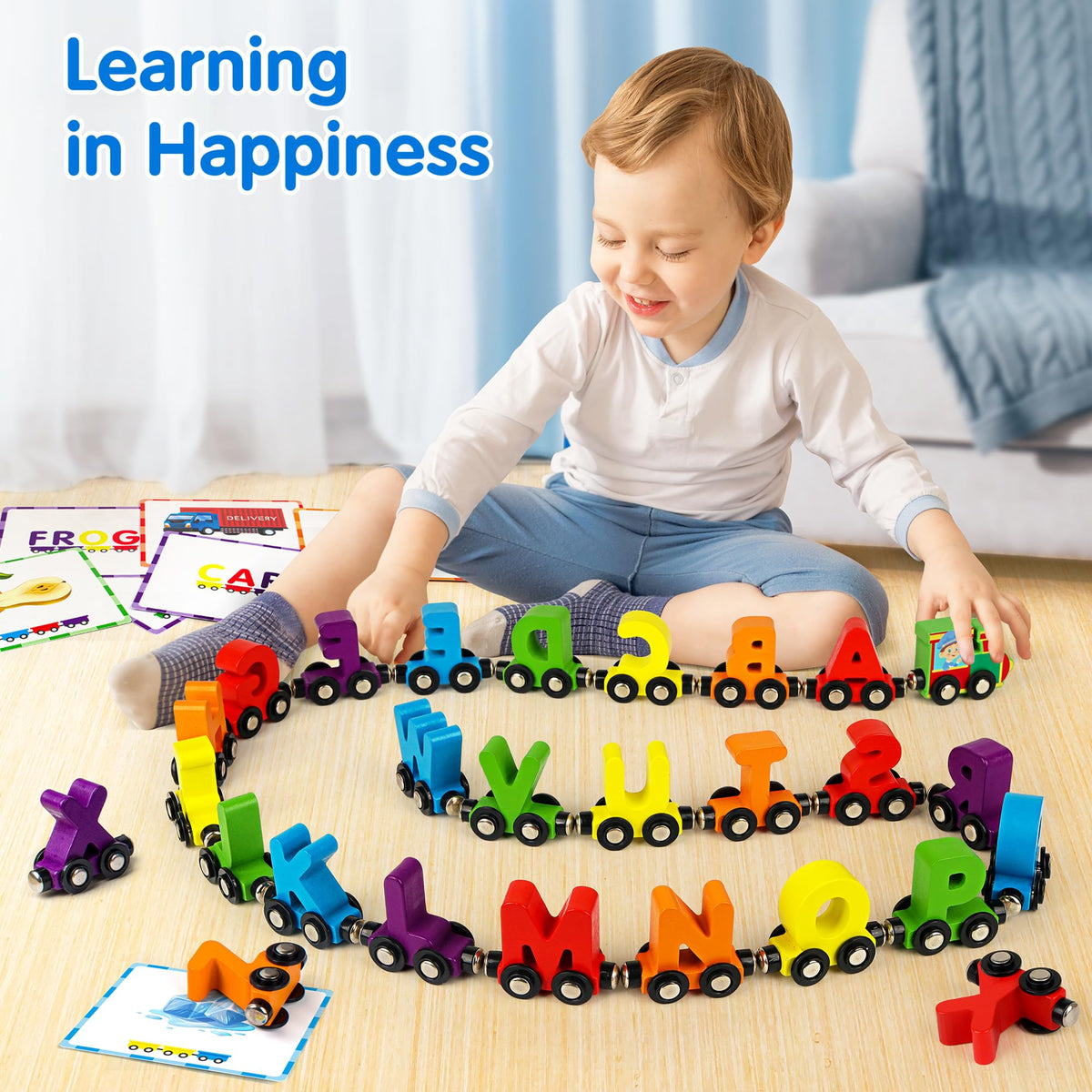 Helsort 27 PCS Magnetic Wooden Alphabet Train Set, ABC Learning Toy with 42 Flash Cards, 1 Engine and Storage Bag, Educational Letter Toy Trains for Toddlers, Boys Girls, Ideal Gift for 3-7 Year Olds