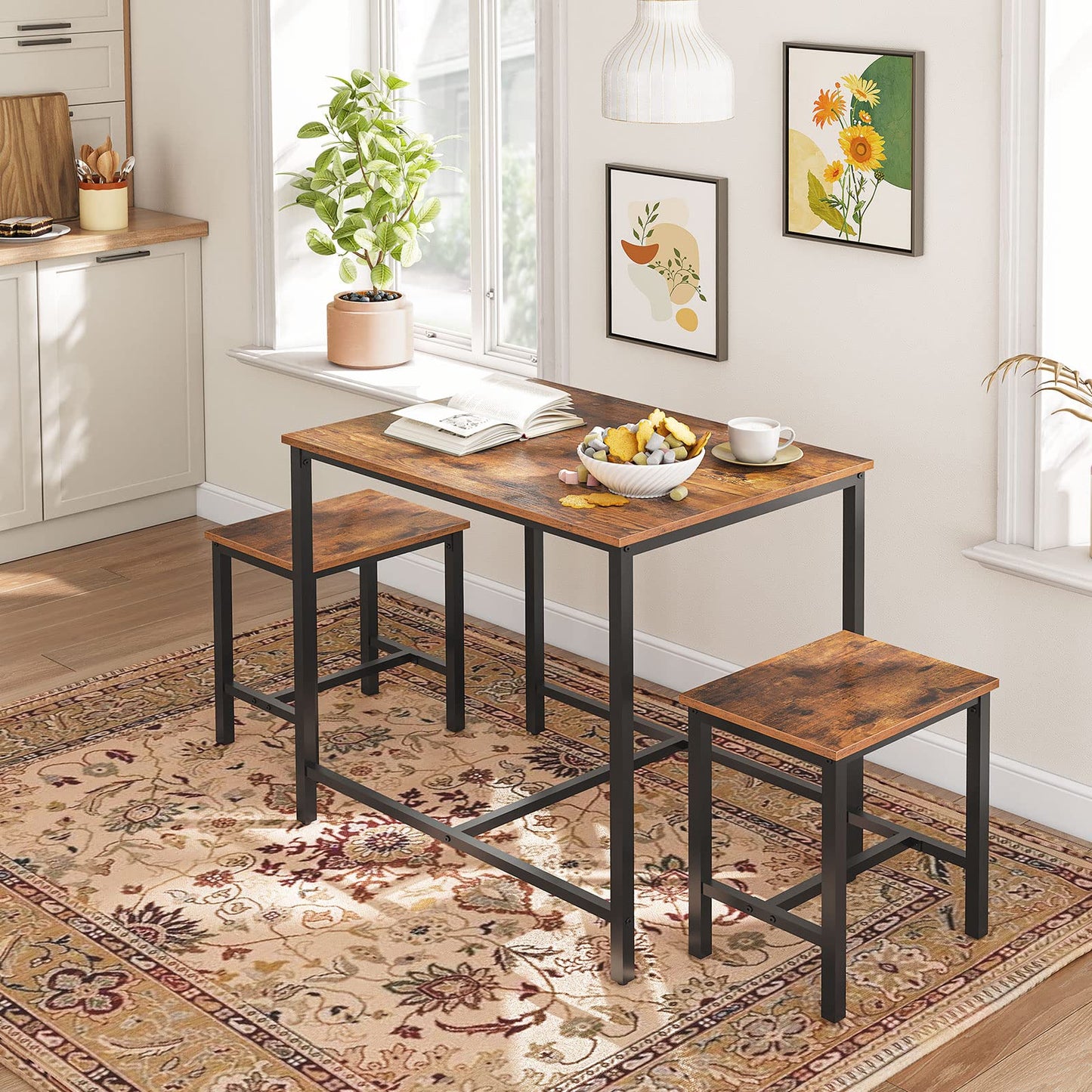 HOOBRO 3-Piece Industrial Dining Table Set, Kitchen Table, Space Saving Dinette for Kitchen, Dining Room, Small Space, Breakfast Nook, Living Room, Party, Rustic Brown and Black BF75CZ01G1