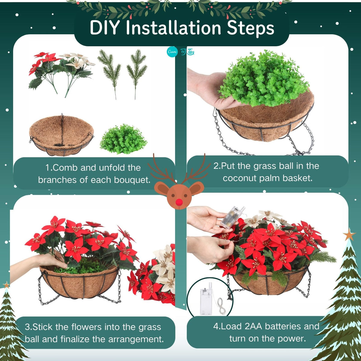 Florielle Artificial Fake Christmas Hanging Flowers Plants Basket with LED Lights, Faux Poinsettia, Pine Branches, for Outdoor New Year Xmas Decoration, Porch Home Holiday Decor (Green Pine Branches)