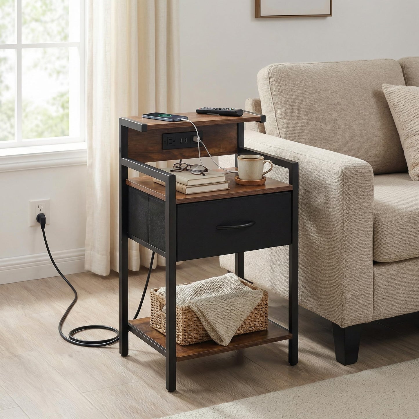 Homiekit Industrial Nightstand with USB Charging Port, Narrow End Side Table with Fabric Drawer & Storage Shelf for Bedroom Living Room