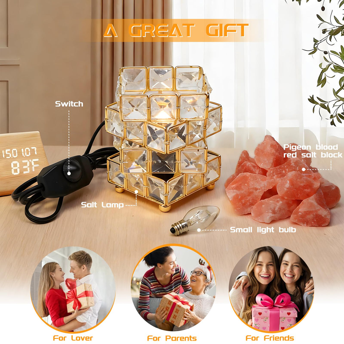 Natural Himalayan Pink Salt Lamp, Dimmable Single Lighting, Plug-in Powered, Crystal Salt Rock Lamp, Glow Night Light for Bedroom Office, UL & ETL Certified Cord (Crystal Crown)