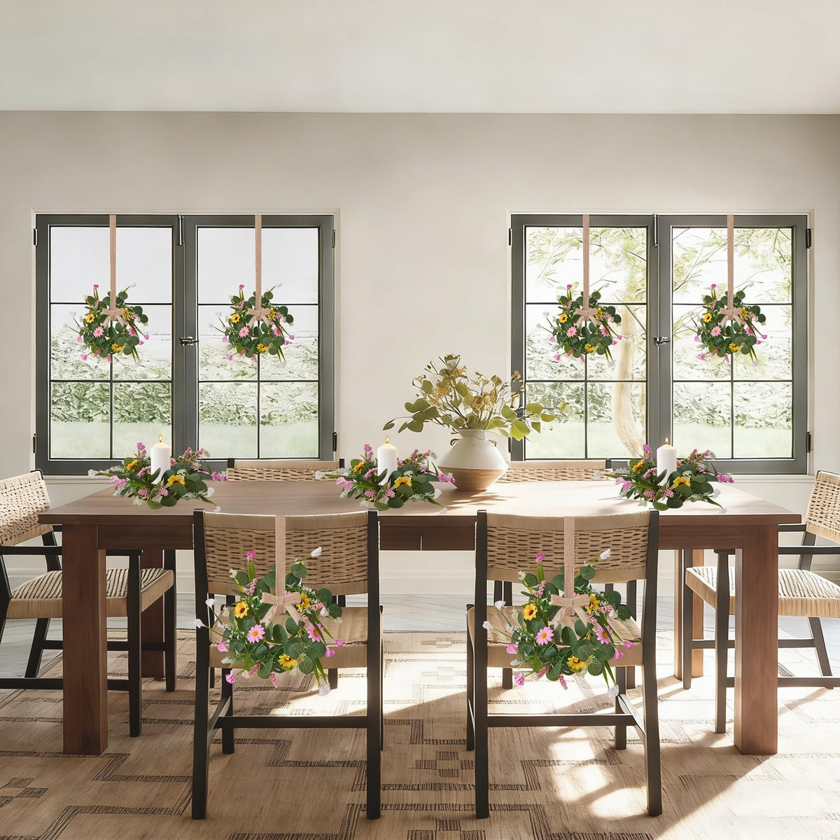 Spring Summer Wreath 4Pcs, 11.8 Inch Summer Wreath with Ribbon, Artificial Daisy Eucalyptus Leaves Grass Wreath, Hanging/Tabletop/Candle Ring Decor for Home Front Door, Porch, Wall, Window, Cabinets