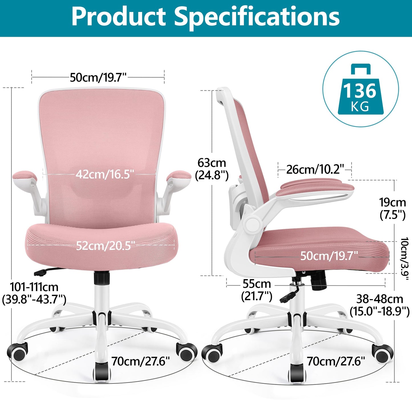 FelixKing Office Chair, Ergonomic Desk Chair Breathable Mesh Chairs Adjustable High Back Lumbar Support Flip-up Armrests, Executive Rolling Swivel Comfy Computer Chairs Home Office Rose Quartz