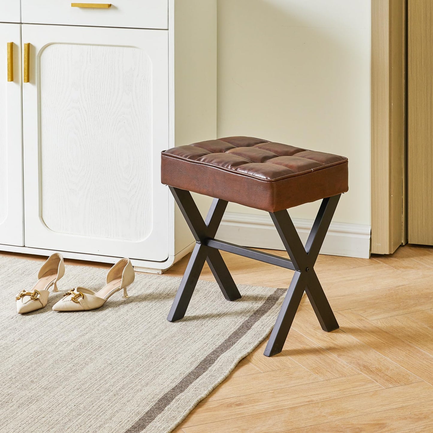 IBUYKE Square Makeup Stool with X-Leg Foot Rest, PU Footrest, Ottoman Seat, Multi-Use as Small Side Table, for Bedroom, Living Room, Light Brown LG-71J