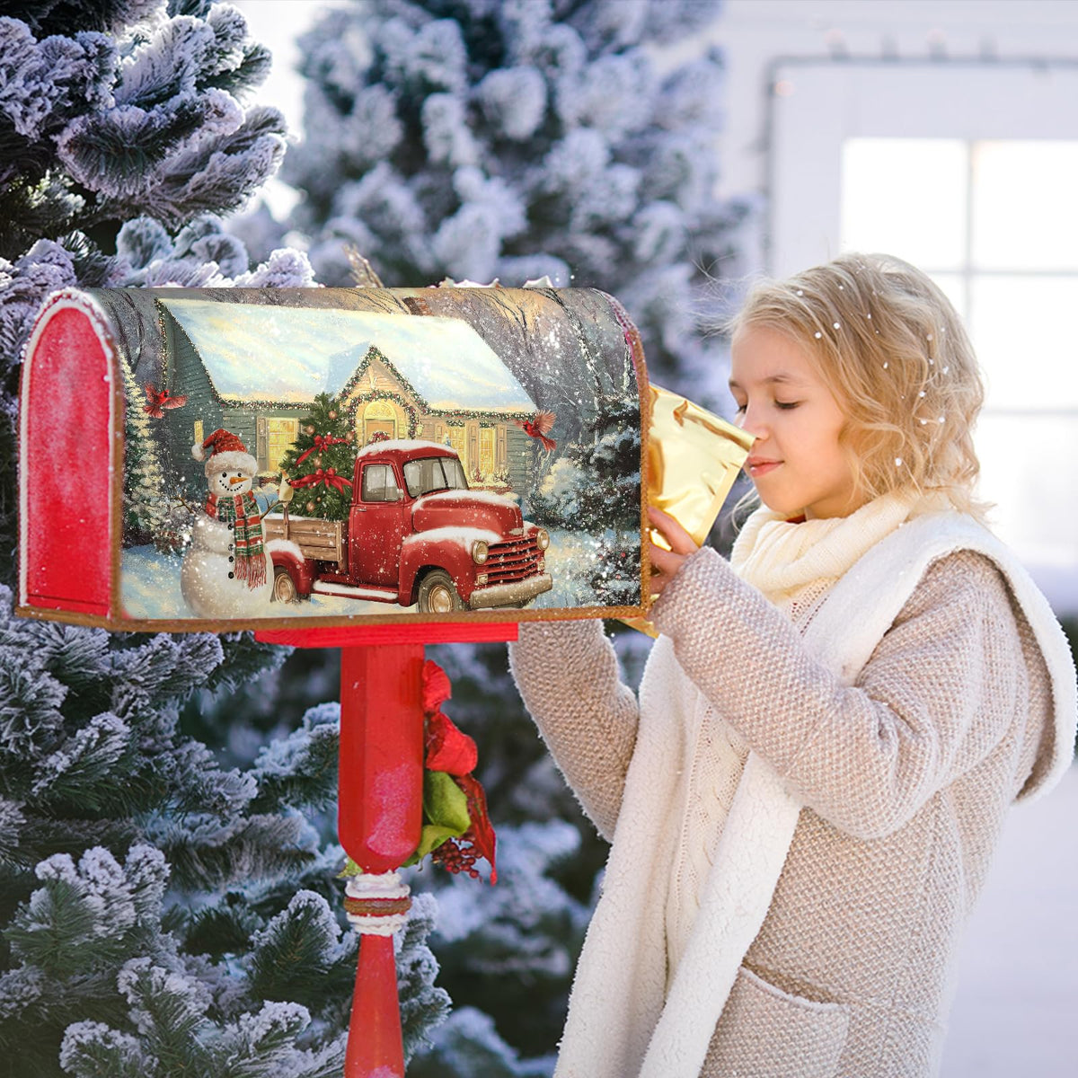 Winter Mailbox Covers Magnetic Standard Size 21 x 18 Inch Christmas Snowman Truck Farmhouse Mailbox Wraps Post Letter Box Cover for Garden Yard Xmas Holiday Home Decor