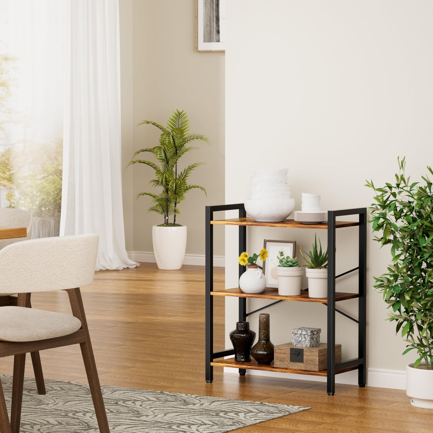 NewBeth 3 Tier Bookshelf,Storage Shelf with Steel Frame,Free Standing Open Book Shelves Storage Display Shelf