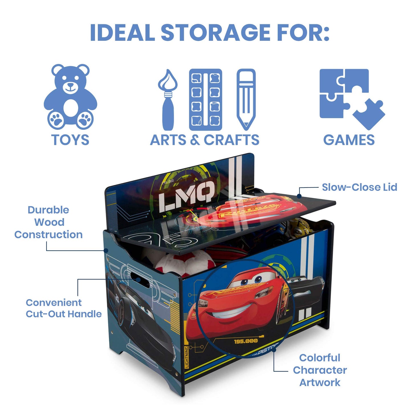 Delta Children Kids Table and Chair Set with Storage (2 Chairs Included) - Ideal for Arts & Crafts, Snack Time, Homework & More, Disney/Pixar Cars, 3 Piece Set & Deluxe Toy Box, Disney/Pixar Cars