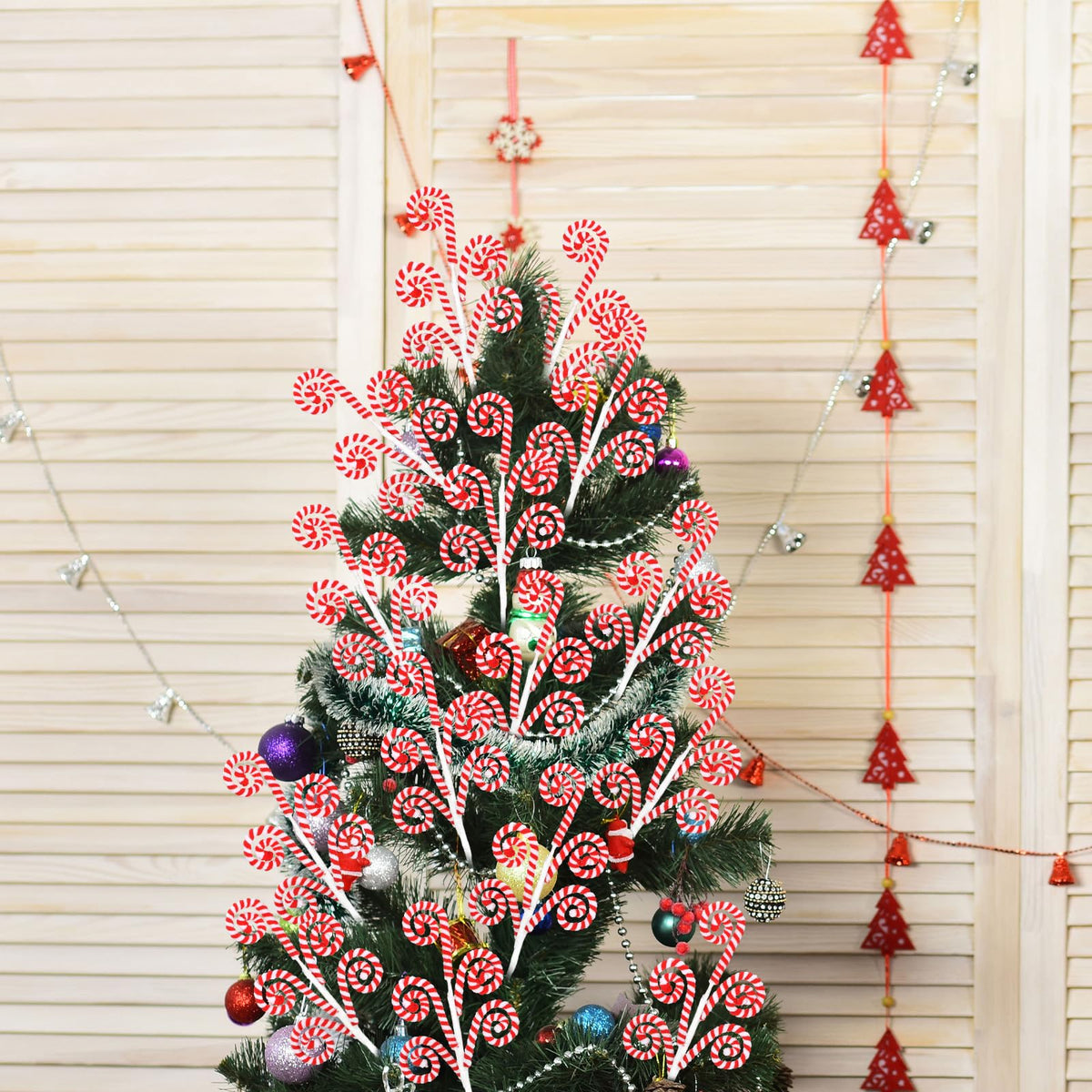 Gerrii 12 Pcs Red and White Candy Cane Christmas Decoration 16" Tree Pick Peppermint Christmas Ornament Xmas Tree Topper Woolen Curly Lollipop Pick Spray for Holiday Party Vase Wreath Garland
