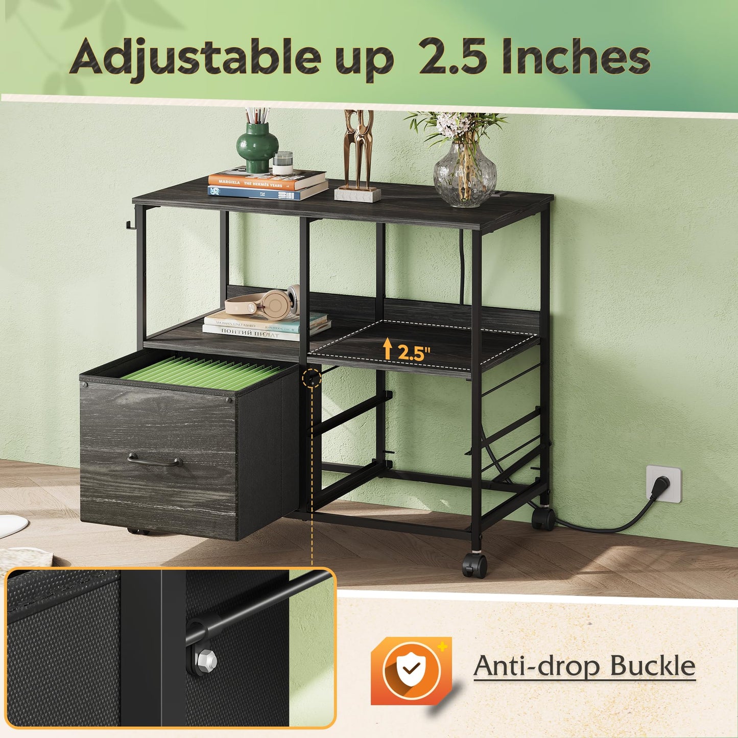 DEVAISE 3 Drawer File Cabinet with Charging Station, Rolling Printer Stand for Office Storage, Mobile Filing Cabinet fits Under Desk Storage, Charcoal Black Wood Grain Print