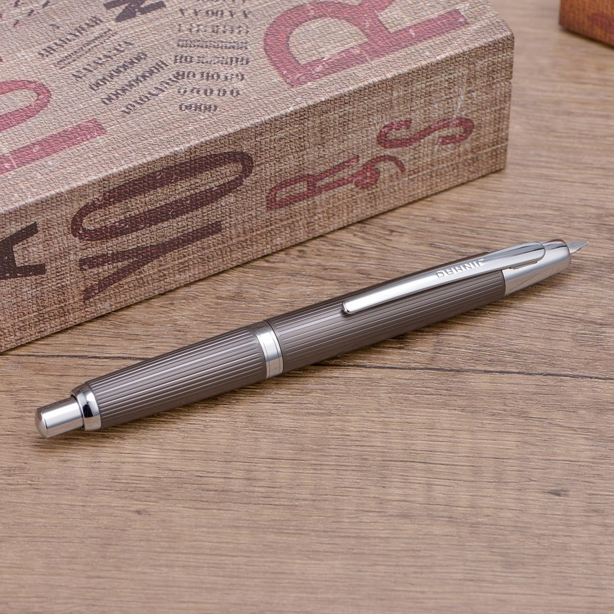 Jinhao 10 Press Fountain Pen with Box, Brushed Matt Gray Retractable Extra Fine Nib with Ink Converter Set (Silver Clip)