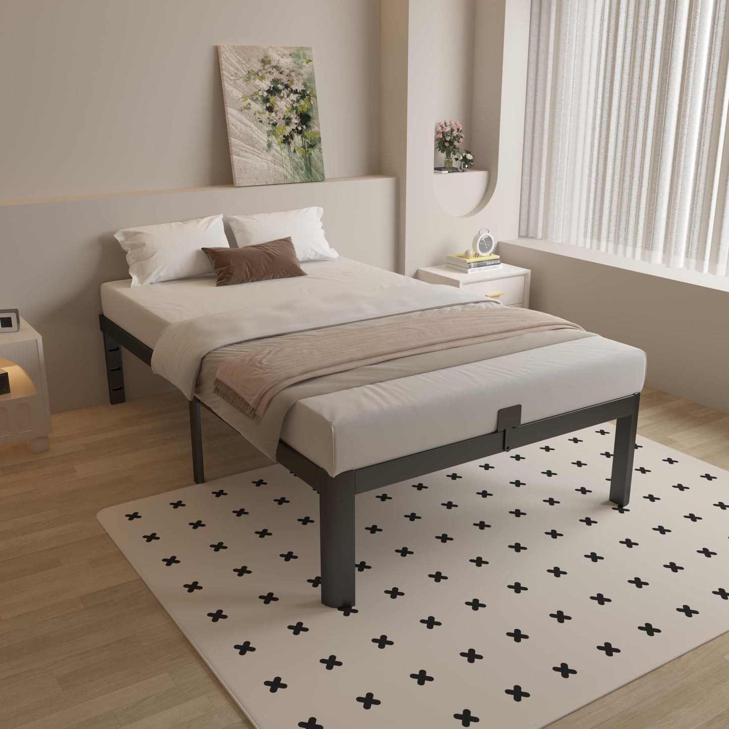 KOSOSO 16 Inch Twin Bed Frames with Metal Baffles, Black Twin Metal Bed Frame No Box Spring Needed, Heavy Duty Steel Supprt to 3500LBS, Rounded Corner Design, Noiseless, Easy Assembly