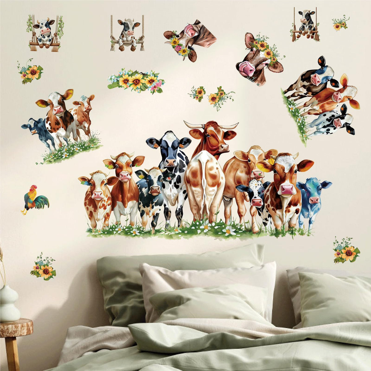 Funny Cow Wall Stickers Cute Cow Window Stickers Farm Animal Wall Decals Peel and Stick Sunflower Cattle Cow Print Window Decals Clings Farmhouse Wall Stickers for Kitchen Bedroom Decor