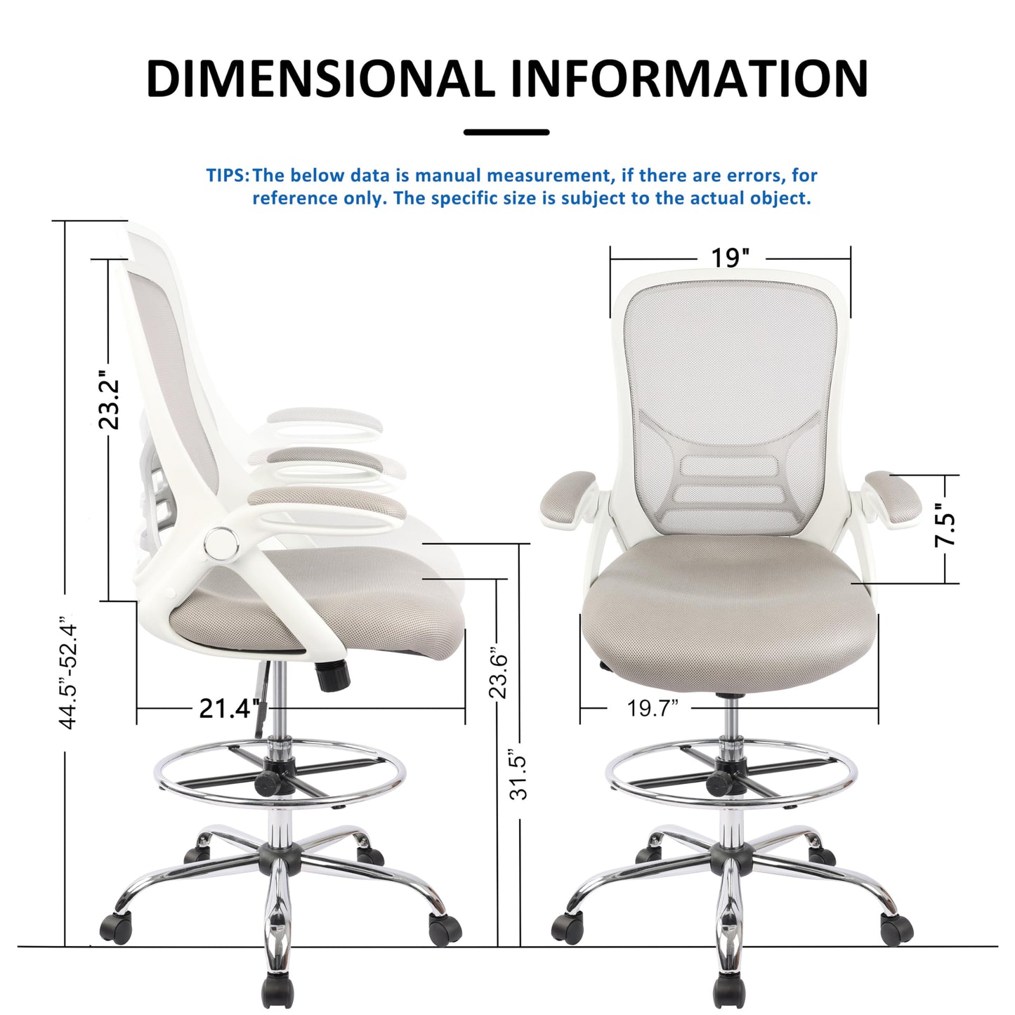 HYLONE Drafting Chair, Tall Office Chair Standing Desk Stool with Adjustable Foot Ring, Flip-Up Arms, Mesh High-Back Drafting Table Chair, White & Grey