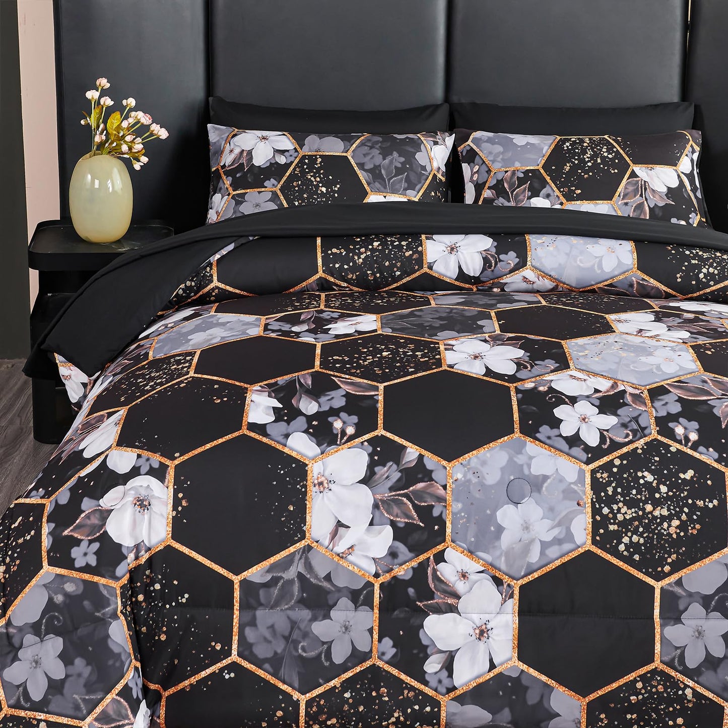 ZRNBAST 7 Pieces King Comforter Sets, Black Geometric Bed in A Bag with Sheets, Floral Print Bedding Sets, Soft Lightweight Microfiber Bed Set for All Season(Black Floral,King)