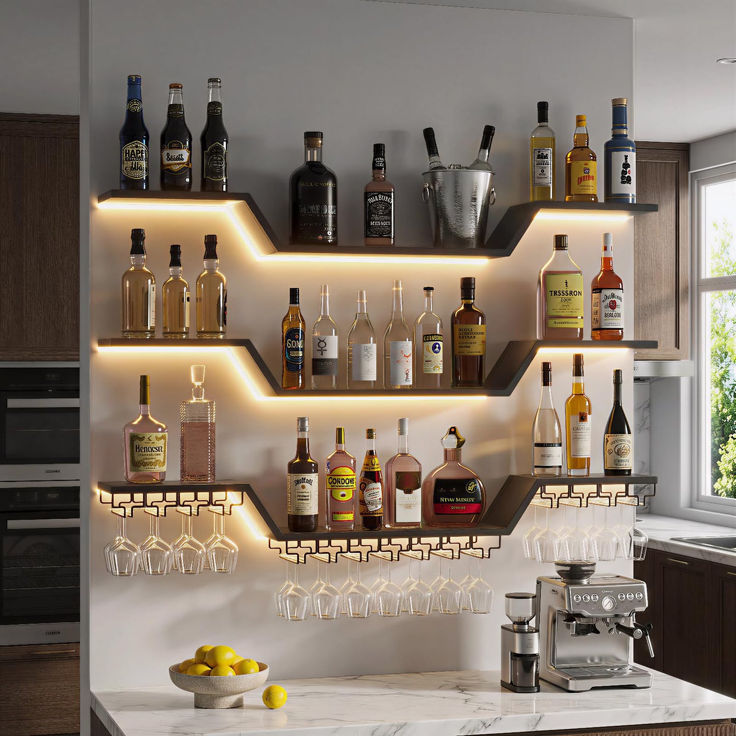 ZAOBAS Wall Mounted Wine Rack with LED Lights, 3-Tier Floating Bar Shelves, Hanging Liquor & Wine Glass Rack for Home Bar, Cafe, Dining Room Decor (Black, 39.4" W)