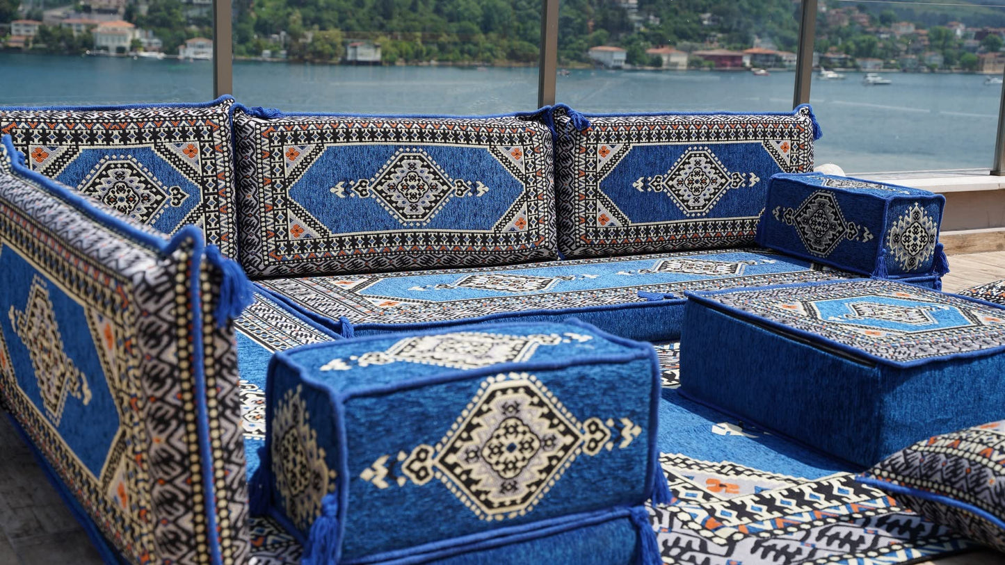 L Shaped Arabic Floor Cushions, Sectional Sofas, Arabic Majlis Set, Custom Made Sofa, Arabic Sofa Set, Seating Cushions (4'' Thickness Sofa, L Sofa Full Set, Royal Blue)