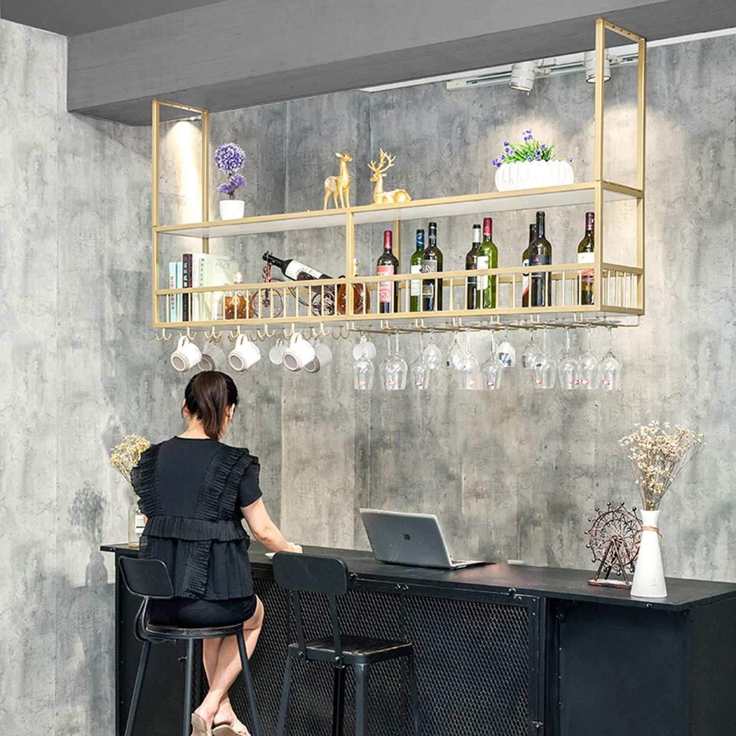 MISTRARA Ceiling Hanging Wine Rack with Glass Holder Shelf, Retro Style Hanging Wine Glass Rack,Wine Lovers Large Capacity Bar Furniture, for Bar, Cafe, Kitchen (Size : 100cm/39.4inch)