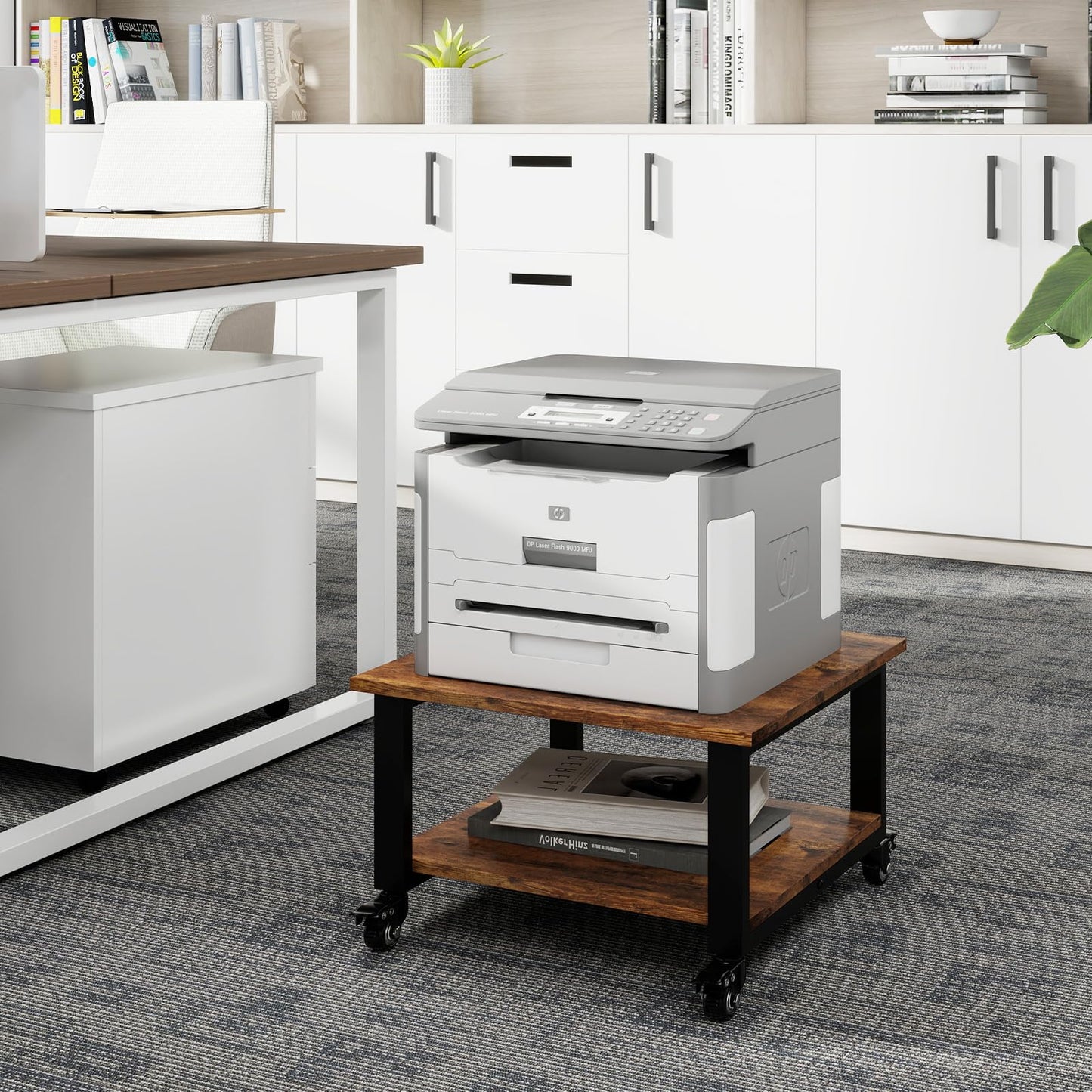Natwind 2 Tier Laser Printer Stand,19.7''x19.7''x12.6'' Large Printer Table Copier Stand Under Desk,Heavy Duty Rolling Cart with Paper Storage Shelf,Printer Holder on Wheels for Home Office (Retro)