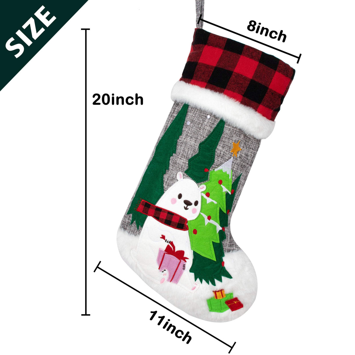 BHD BEAUTY Set of 6 Christmas Stockings Gray Burlap Buffalo Red Plaid Soft Faux Fur 20 Inches Lovely Embroidery Pattern for Family Decorations Hanging Ornament for Xmas Holiday Party