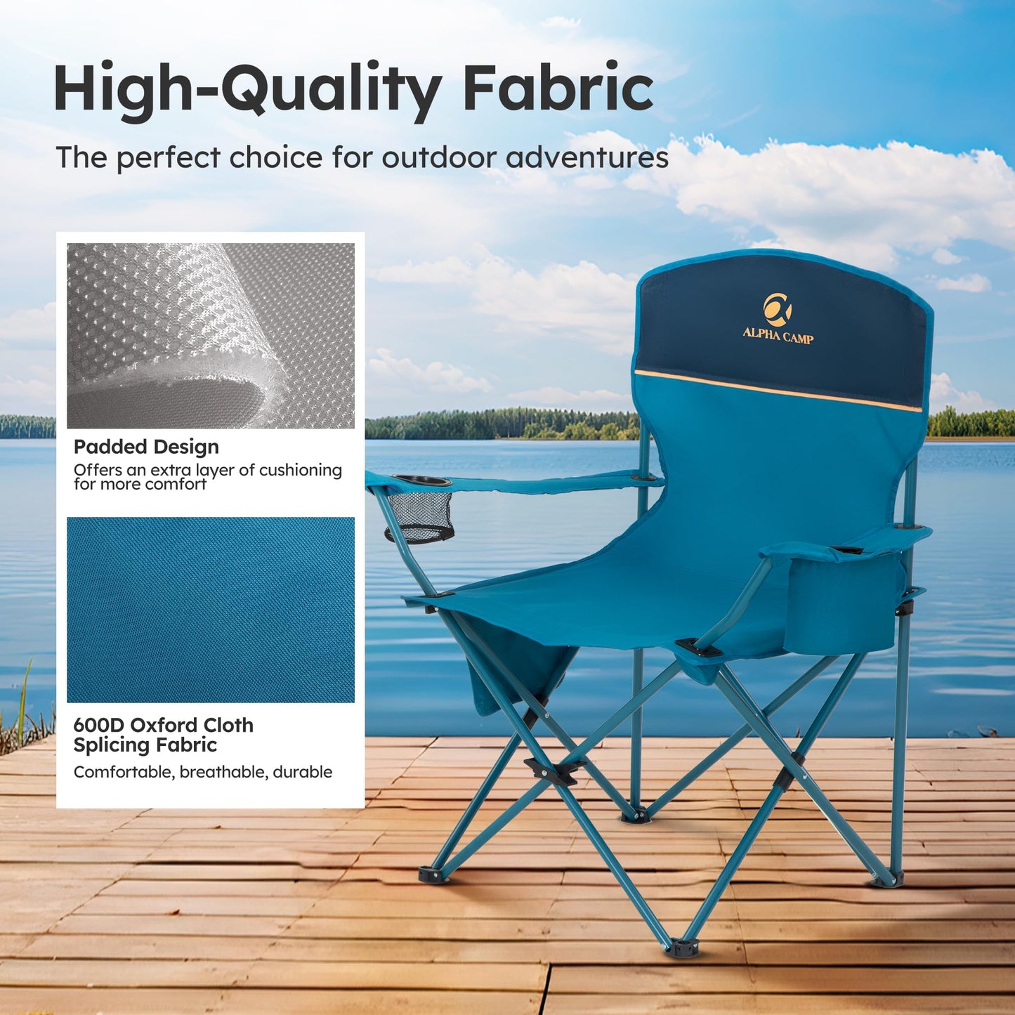 LET'S CAMP Camping Chair 2 Pack Folding Chair with 4-Can Cooler Bag Portable Lawn Chair with Cup Holder,Storage Pocket, Supports 250LBS, Collapsible Chair for Camp, Beach, Picnic (Blue)