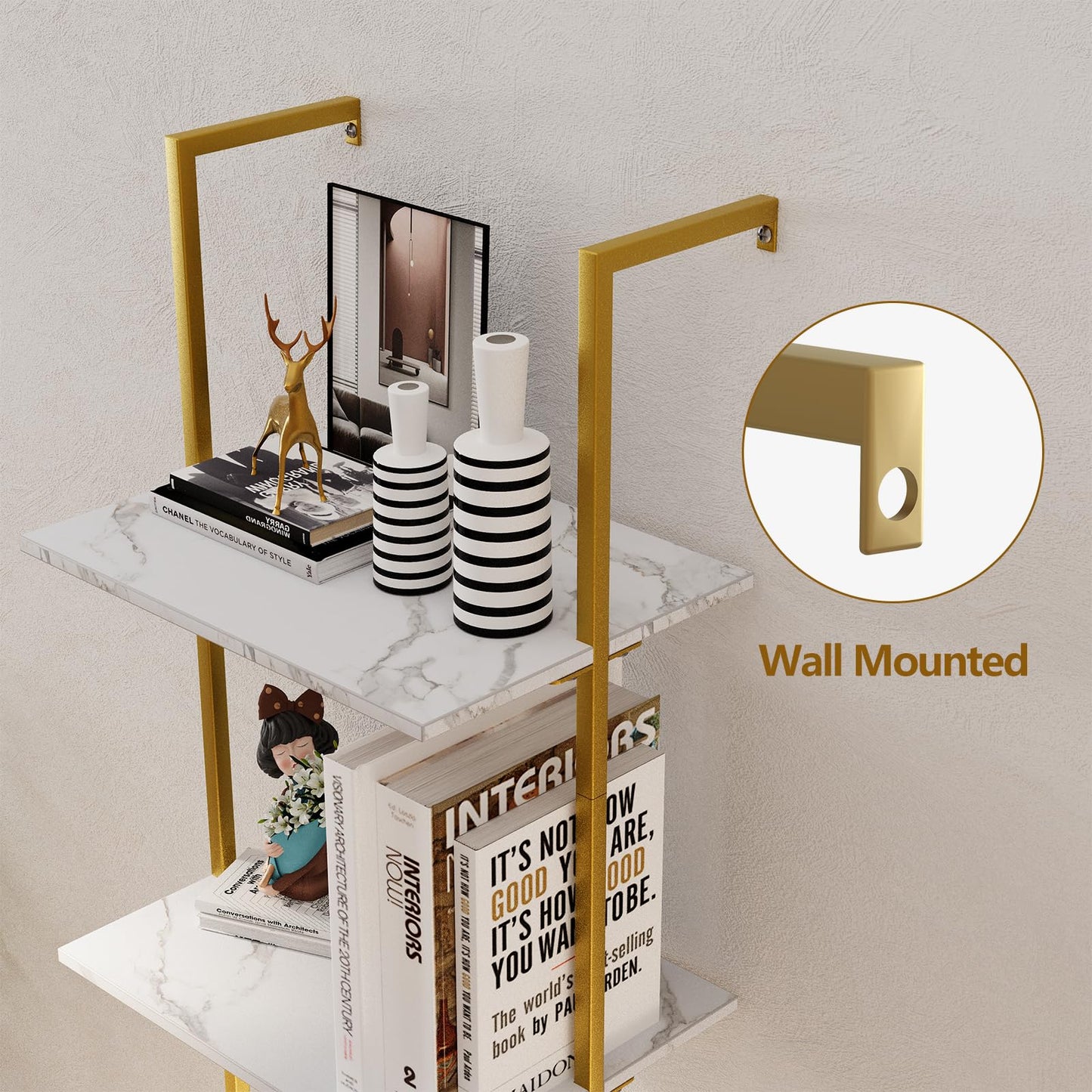 Wolawu Ladder Shelf 4 Tiers Metal Industrial Bookshelf,White Marble Wood Tall Open Storage Rack and Display Shelves,Wall Mount Wide Book Case for Home Office Bedroom,Small