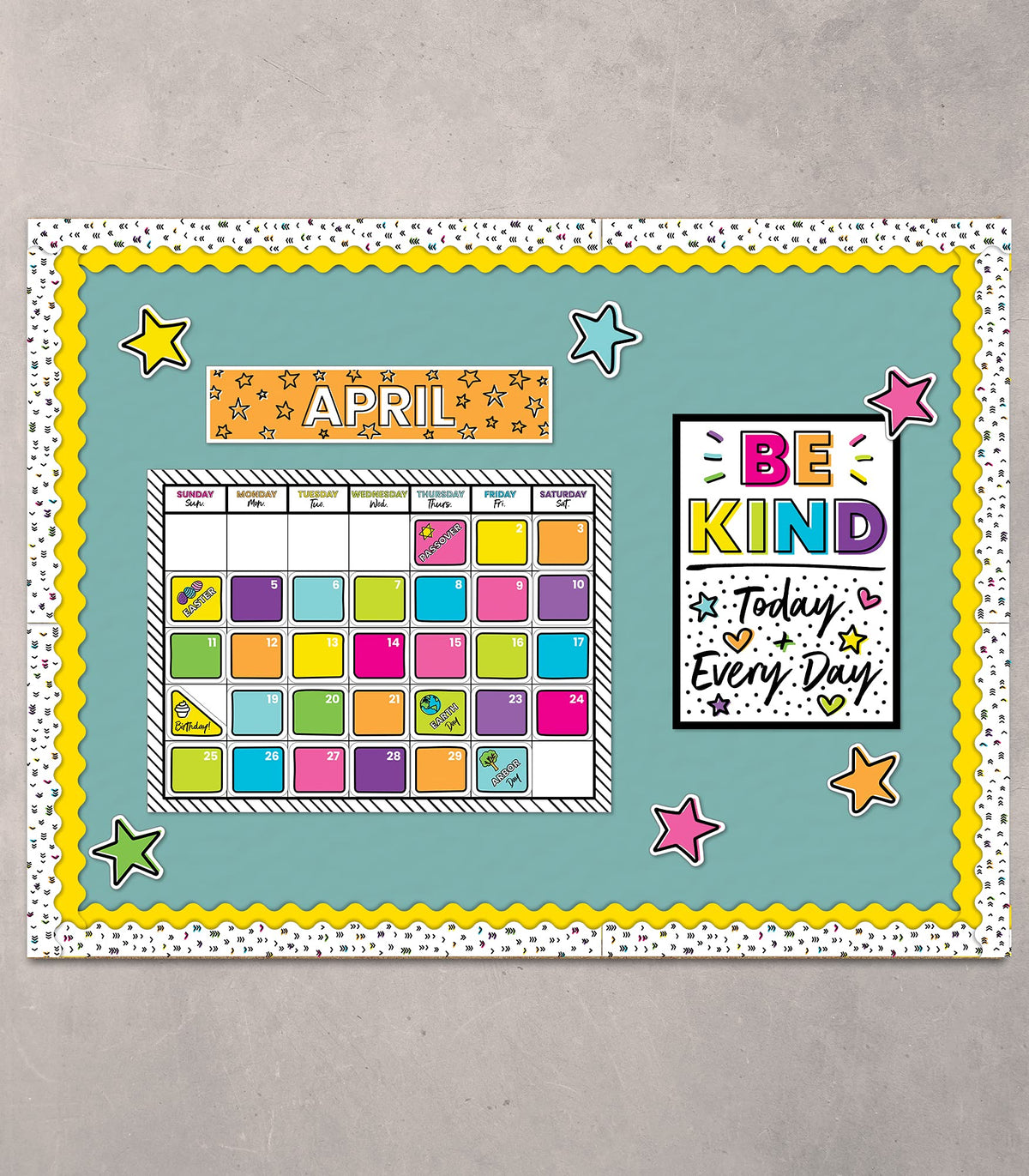 Carson Dellosa Kind Vibes 129 pc Set Wall Calendar, Monthly Headers, Birthdays, Holidays, Number Cover Ups, Motivational Poster, Star Cutouts, and More for Bulletin Board and Classroom Decor